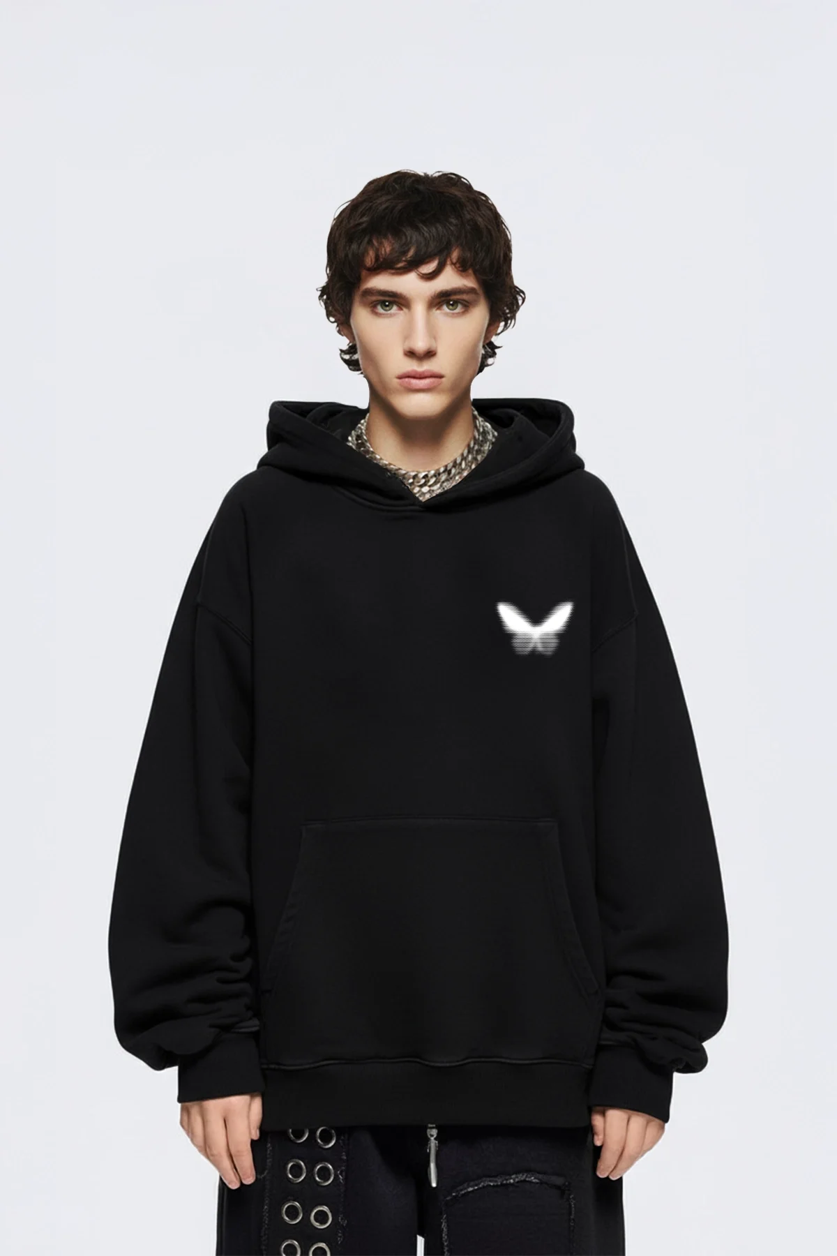 Dot Butterfly Baskılı Oversize Unisex Siyah Hoodie