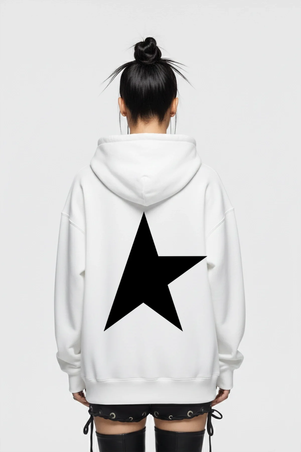 Half Star Baskılı Oversize Unisex Beyaz Hoodie