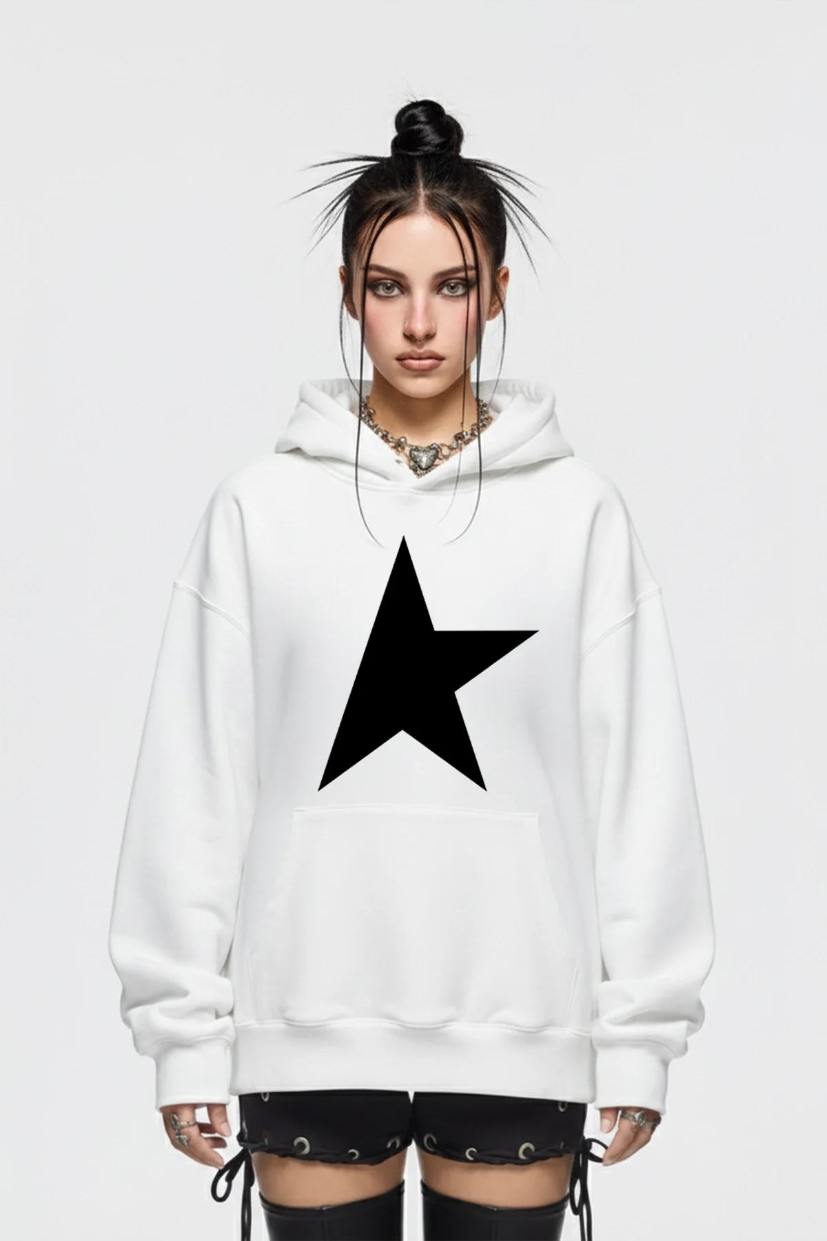 Half Star Baskılı Oversize Unisex Beyaz Hoodie