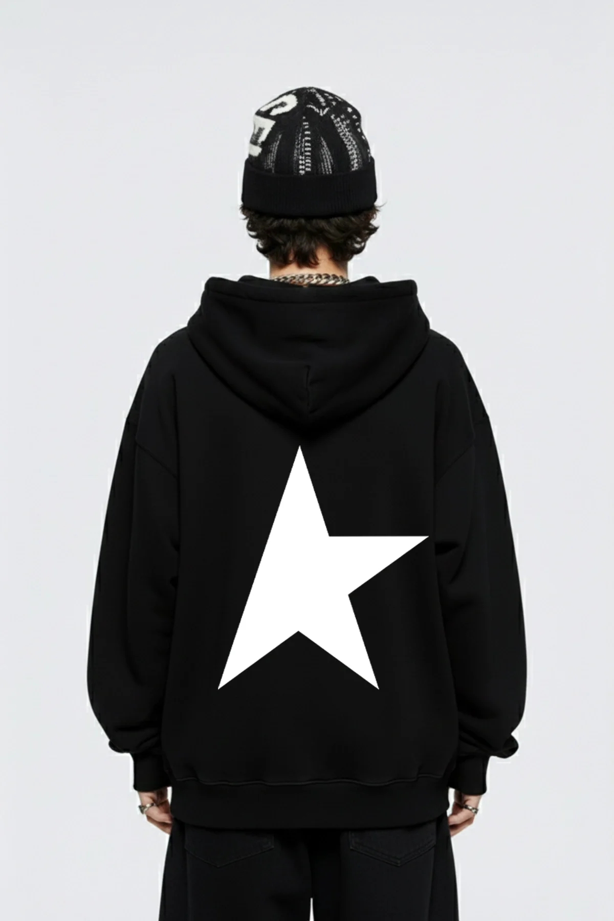 Half Star Baskılı Oversize Unisex Siyah Hoodie