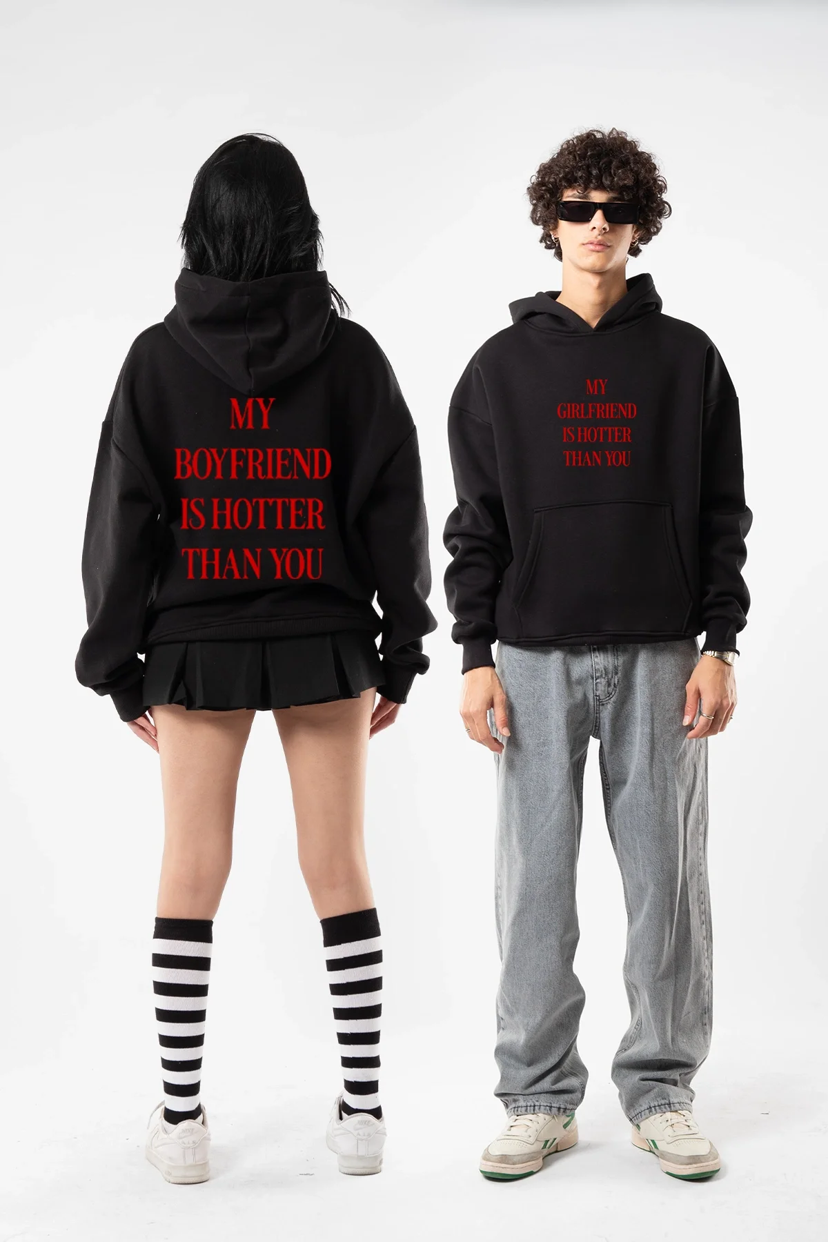 Hot Boyfriend Baskılı Oversize Unisex Siyah Hoodie