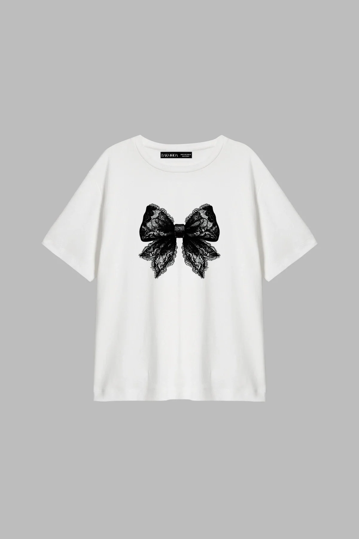 Lace Cute Ribbon Baskılı Relaxed Fit Beyaz Kadın Tshirt