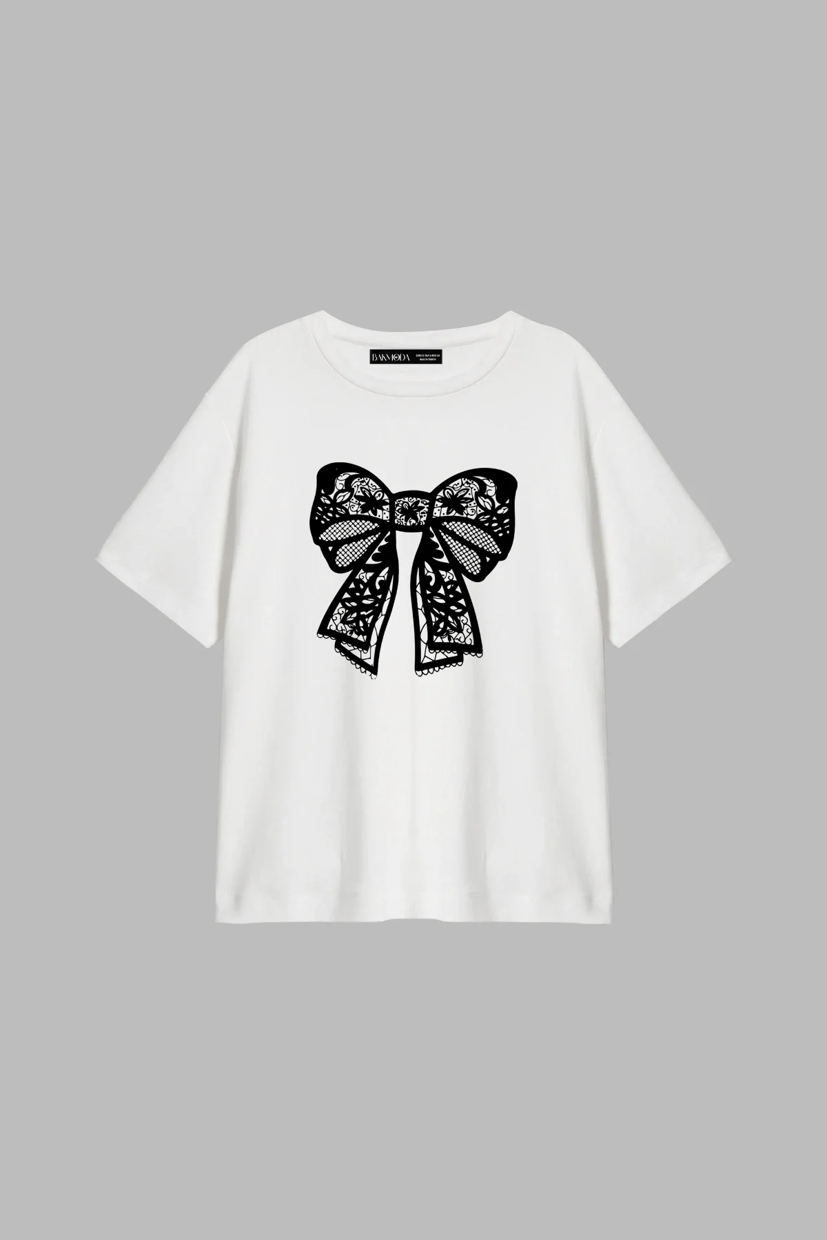 Lace Ribbon Baskılı Relaxed Fit Beyaz Kadın Tshirt