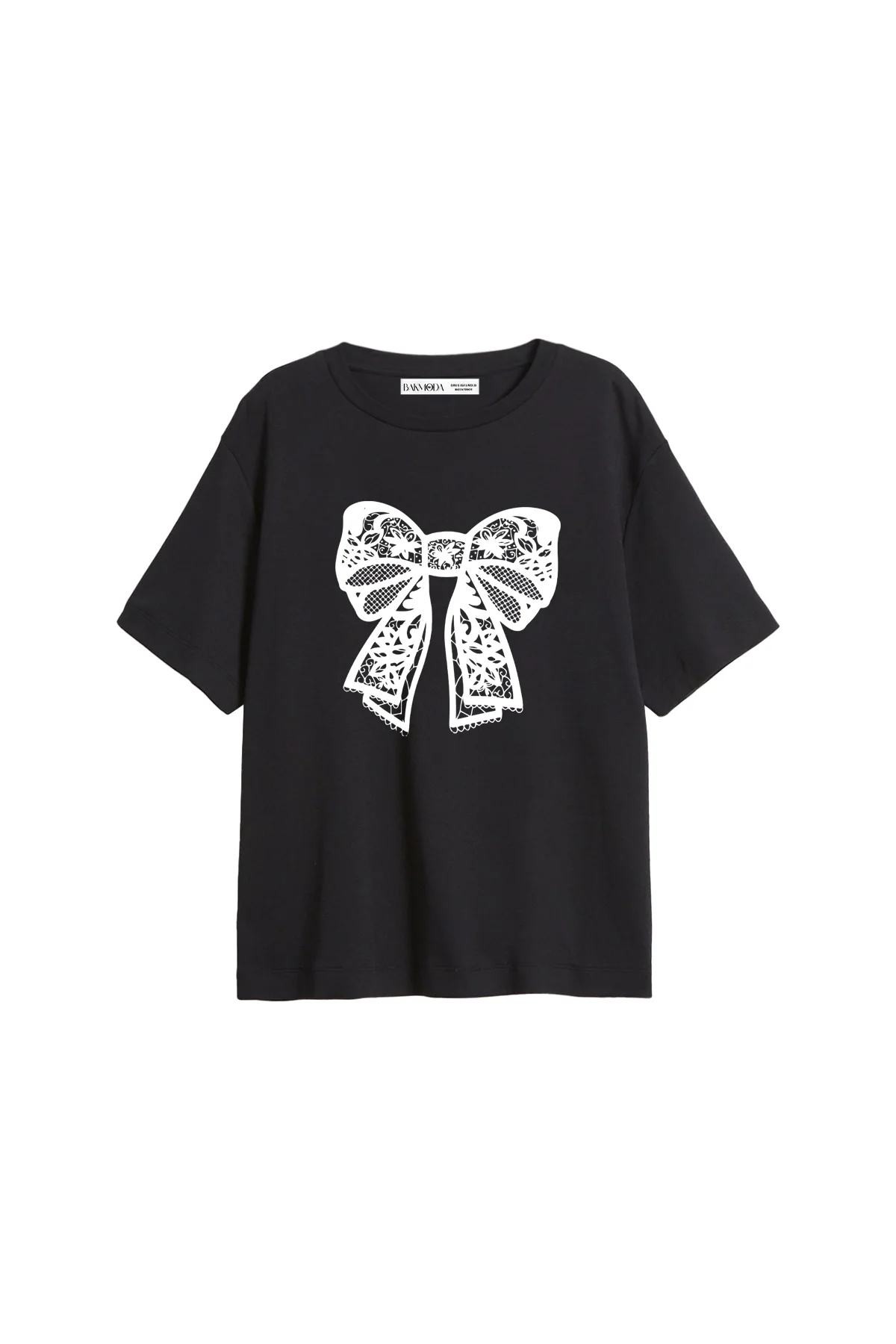 Lace Ribbon Baskılı Relaxed Fit Siyah Kadın Tshirt