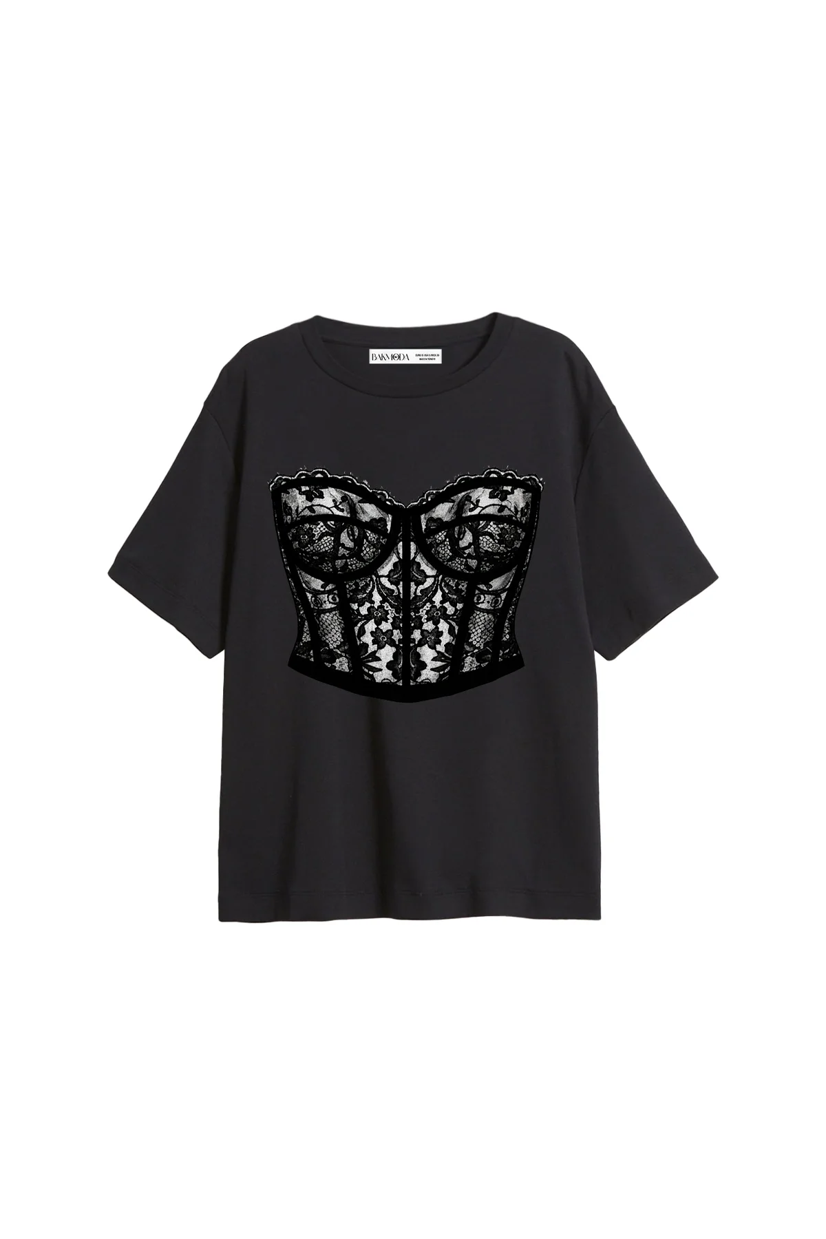 Lace Top Baskılı Relaxed Fit Siyah Kadın Tshirt