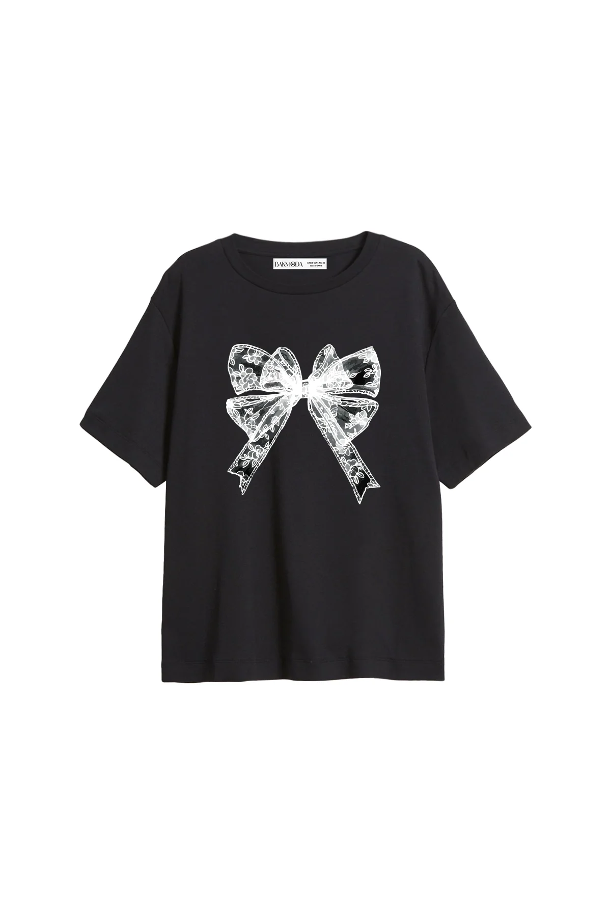 Lace V2 Ribbon Baskılı Relaxed Fit Siyah Kadın Tshirt