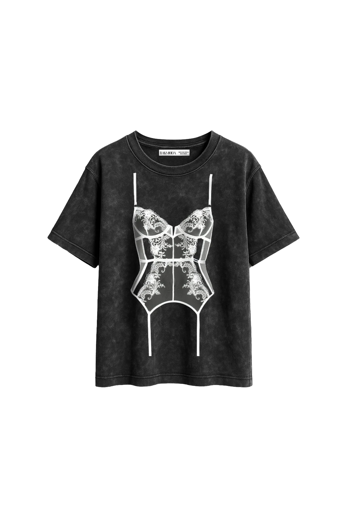 Lingerie Baskılı Relaxed Fit Yıkamalı Siyah Kadın Tshirt