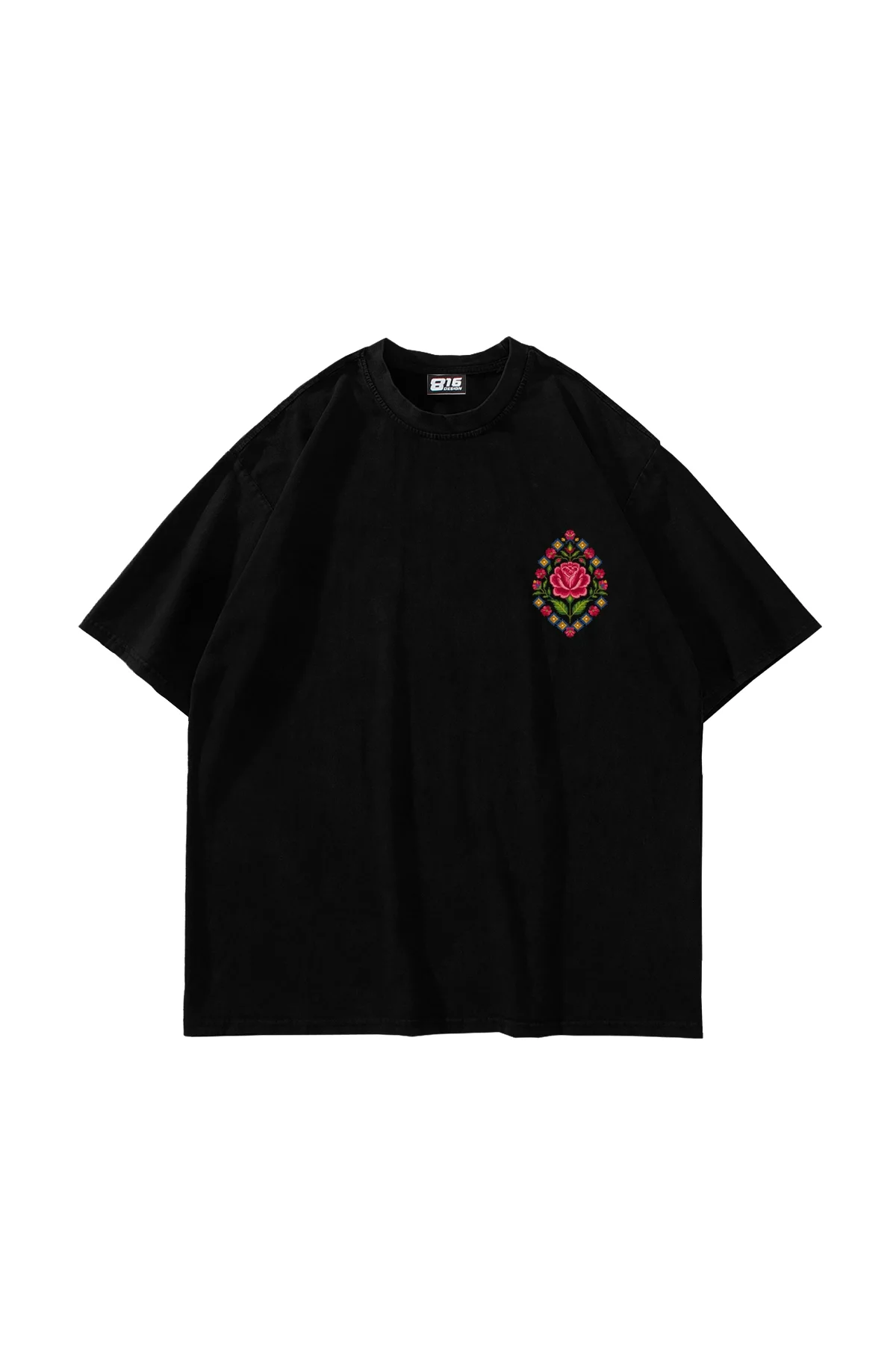 Rose-Face Baskılı Oversize Unisex Siyah Tshirt