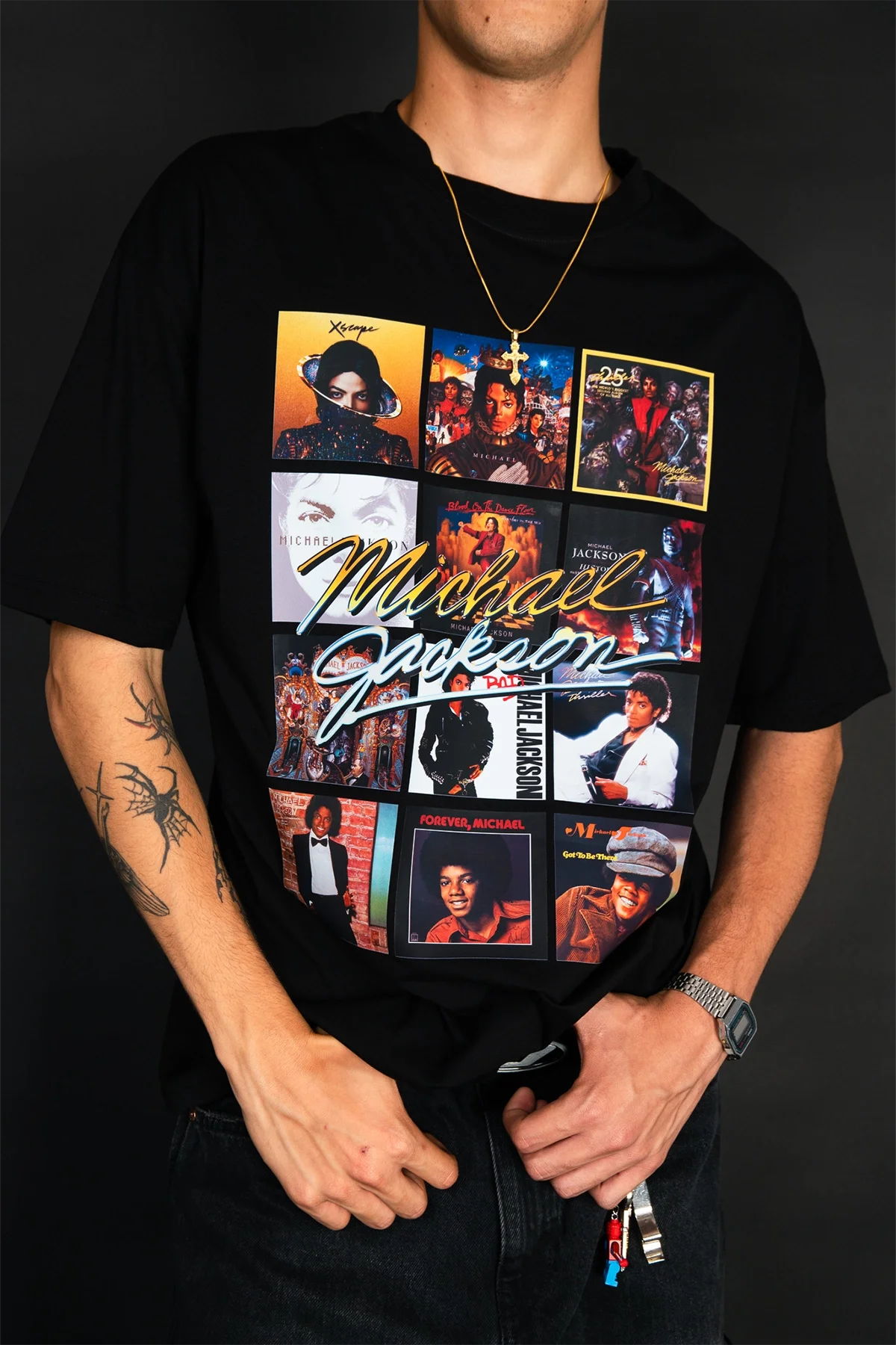Michael Jackson Vintage Albüm Kolaj Baskılı Oversize Siyah Tişört