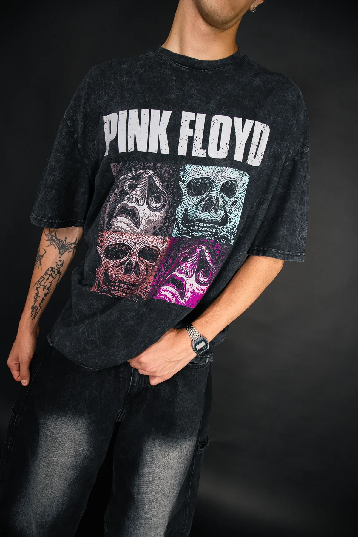 Pink Floyd Vintage Skull Siyah Yıkamalı Oversize Tişört