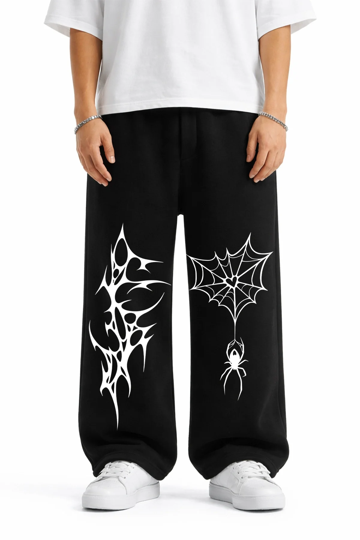 Premium Spider Web Wide Leg Erkek Siyah Eşofman Altı