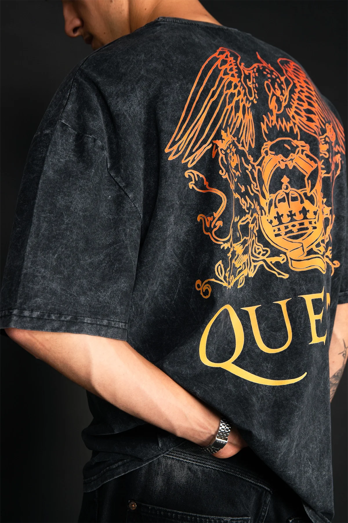 CYNTIA×ALDIOUS Queen of the Night TシャツXL Queen Crest Logo Yıkamalı Siyah Oversize Tişört | Vintage Rock