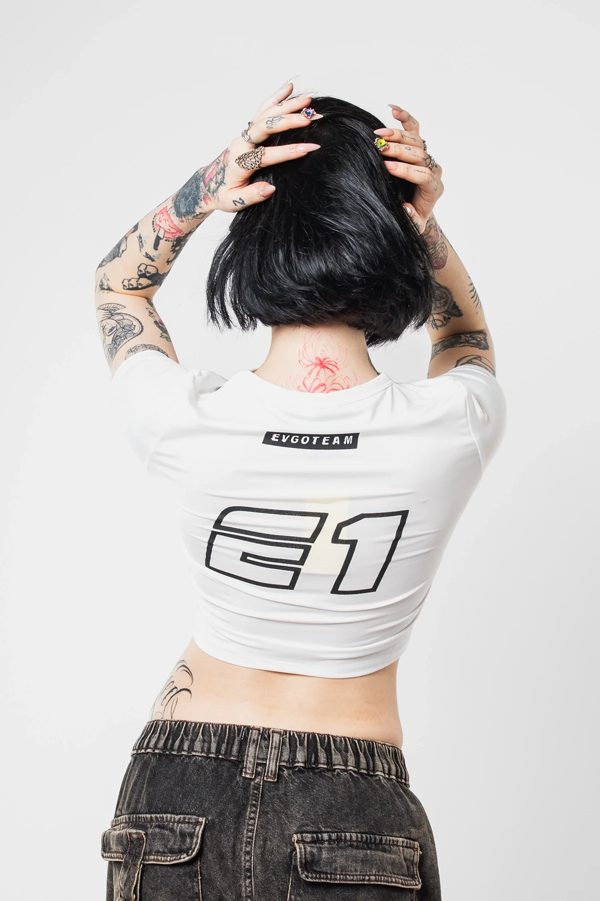 Racing Logo Baskılı Kısa Kollu Beyaz Crop Top