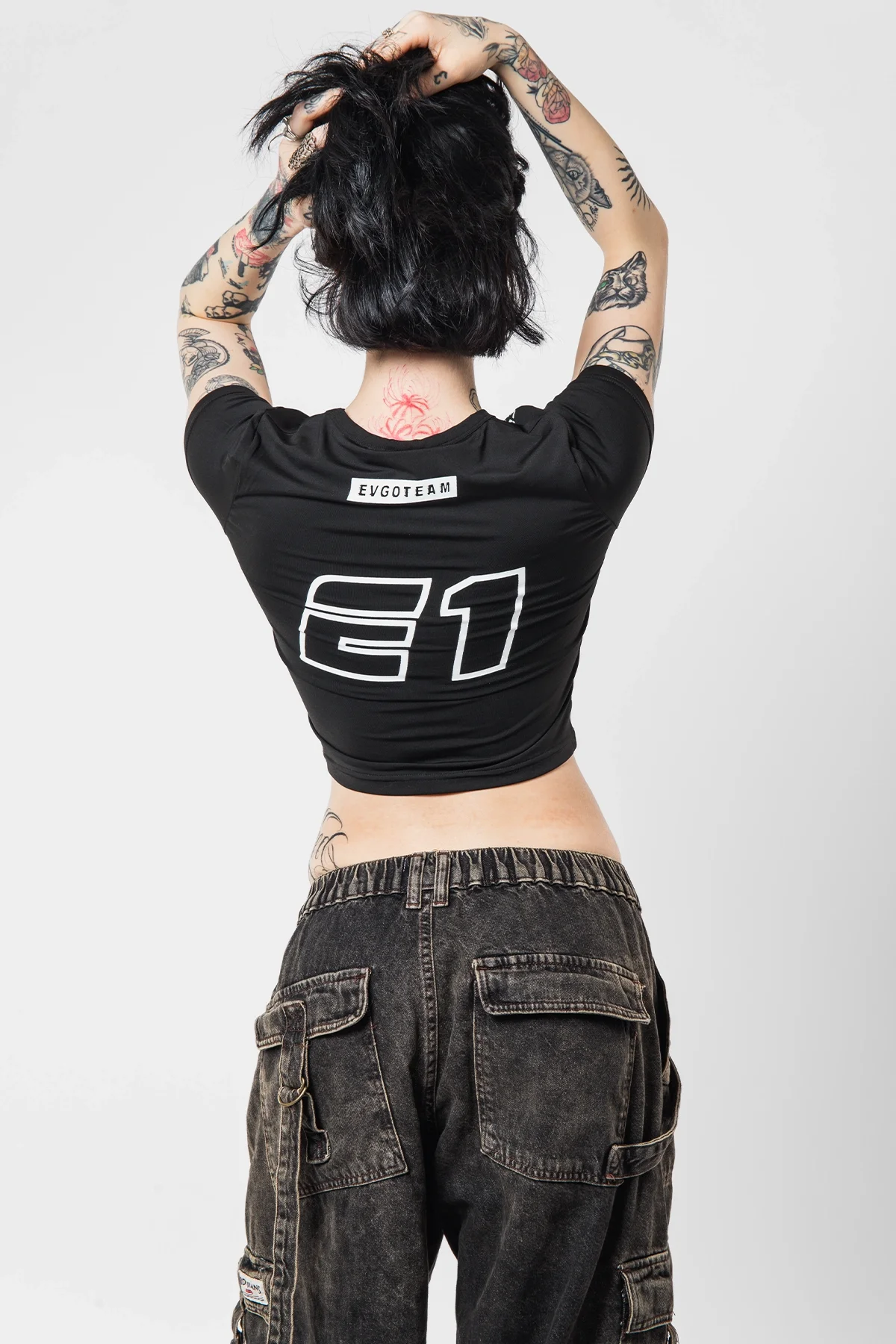 Racing Logo Baskılı Kısa Kollu Siyah Crop Top