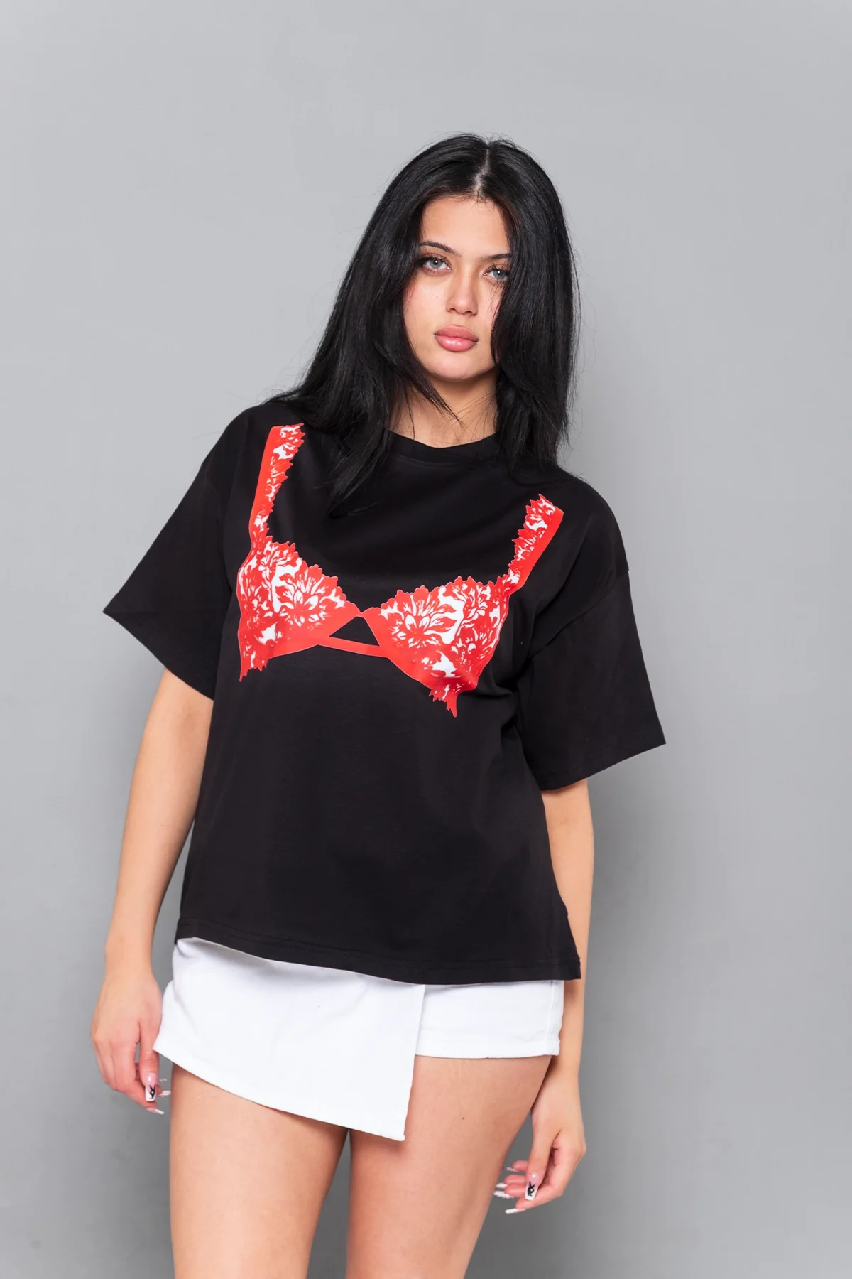 Red Bra Baskılı Relaxed Fit Siyah Kadın Tshirt
