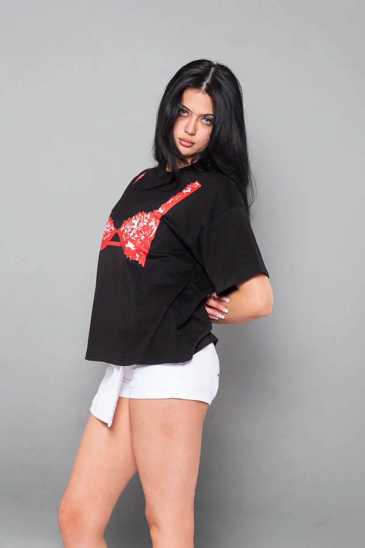 Red Bra Baskılı Relaxed Fit Siyah Kadın Tshirt