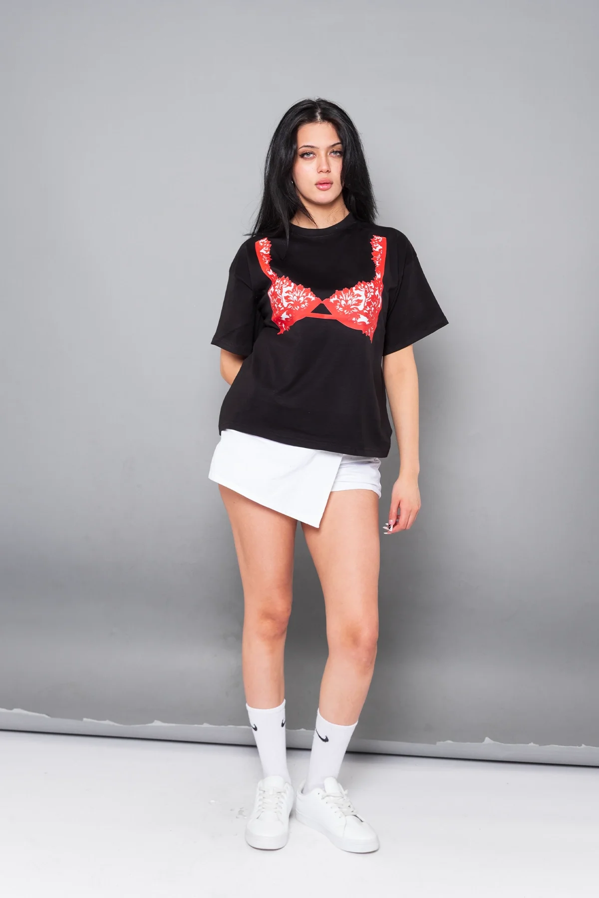 Red Bra Baskılı Relaxed Fit Siyah Kadın Tshirt
