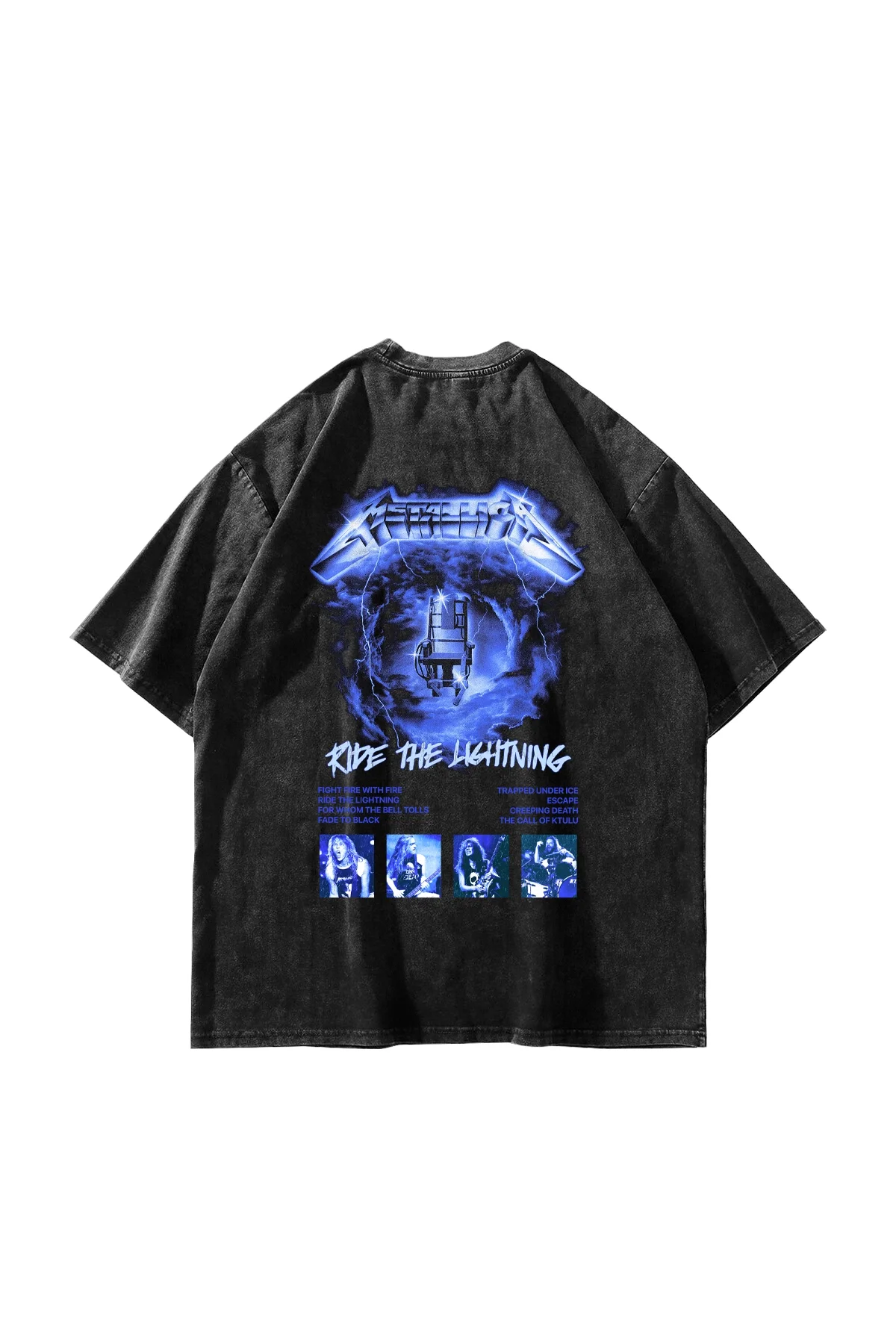 Ride The Lightning Baskılı Oversize Unisex Yıkamalı Siyah Tshirt
