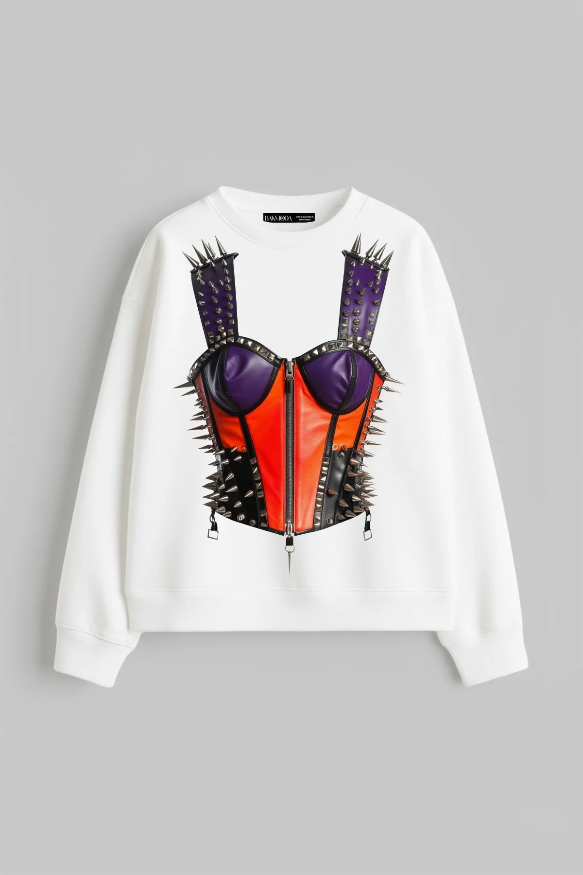 Risk Corset Baskılı Kapüşonsuz Relaxed Fit Kadın Beyaz Sweatshirt