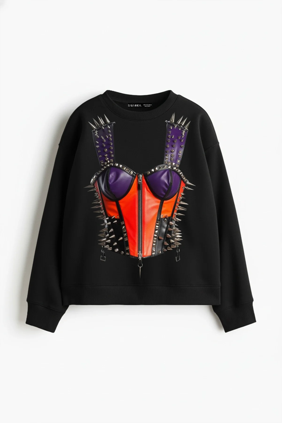 Risk Corset Baskılı Kapüşonsuz Relaxed Fit Kadın Siyah Sweatshirt