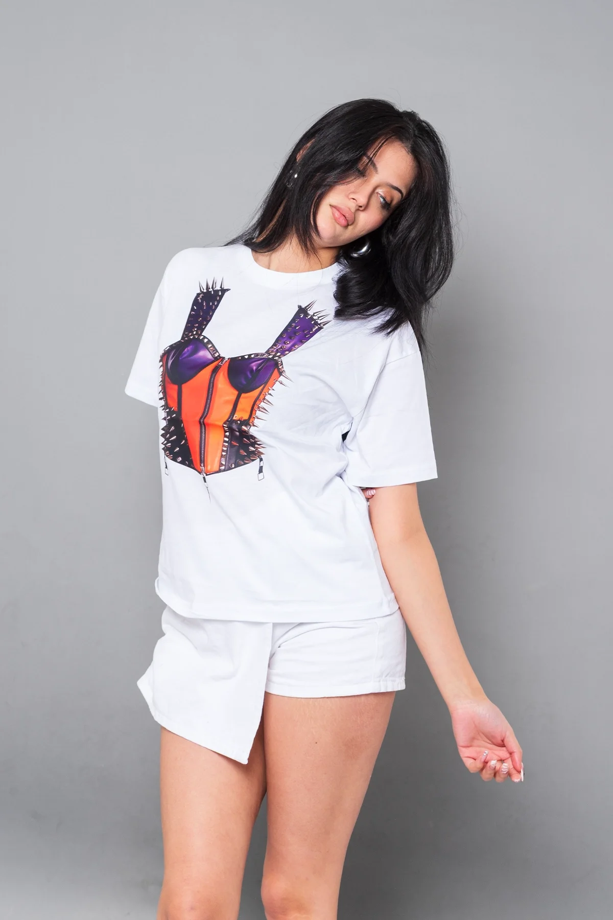 Risk Corset Baskılı Relaxed Fit Beyaz Kadın Tshirt