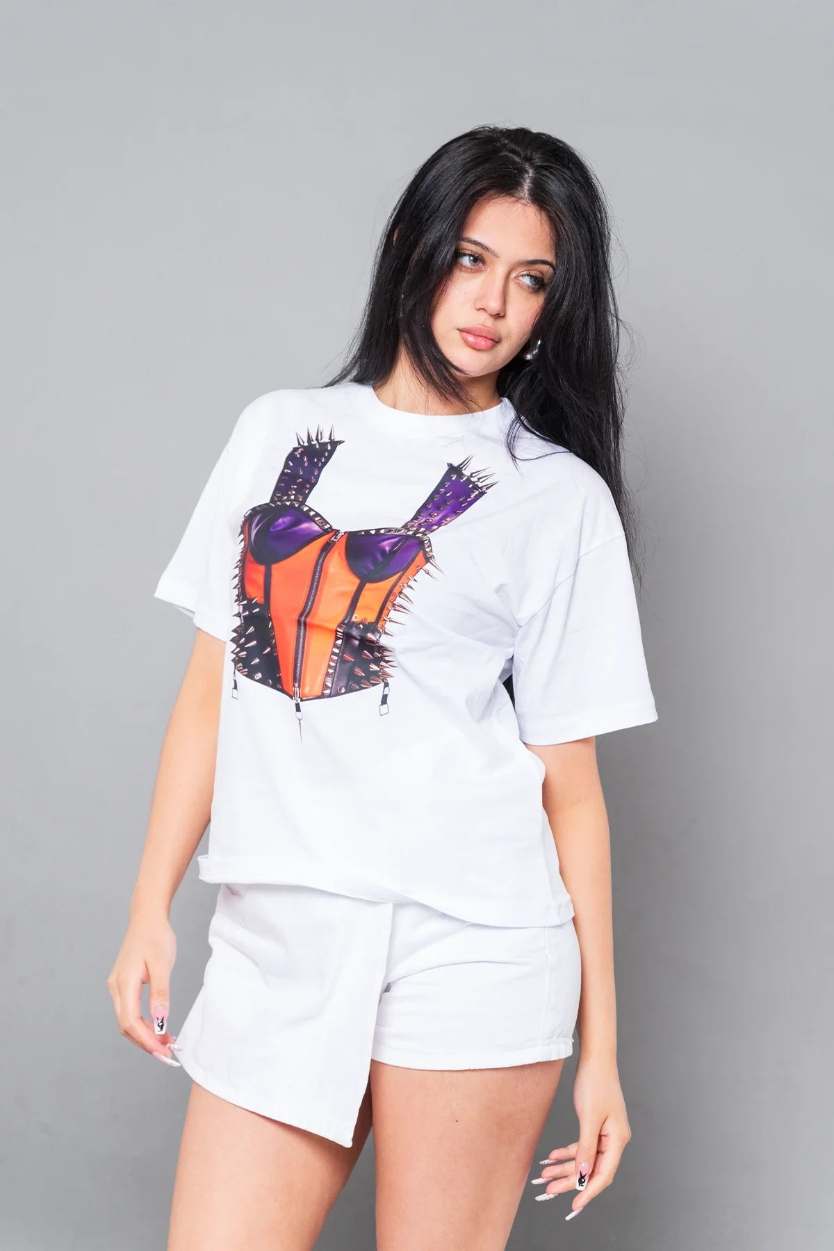 Risk Corset Baskılı Relaxed Fit Beyaz Kadın Tshirt