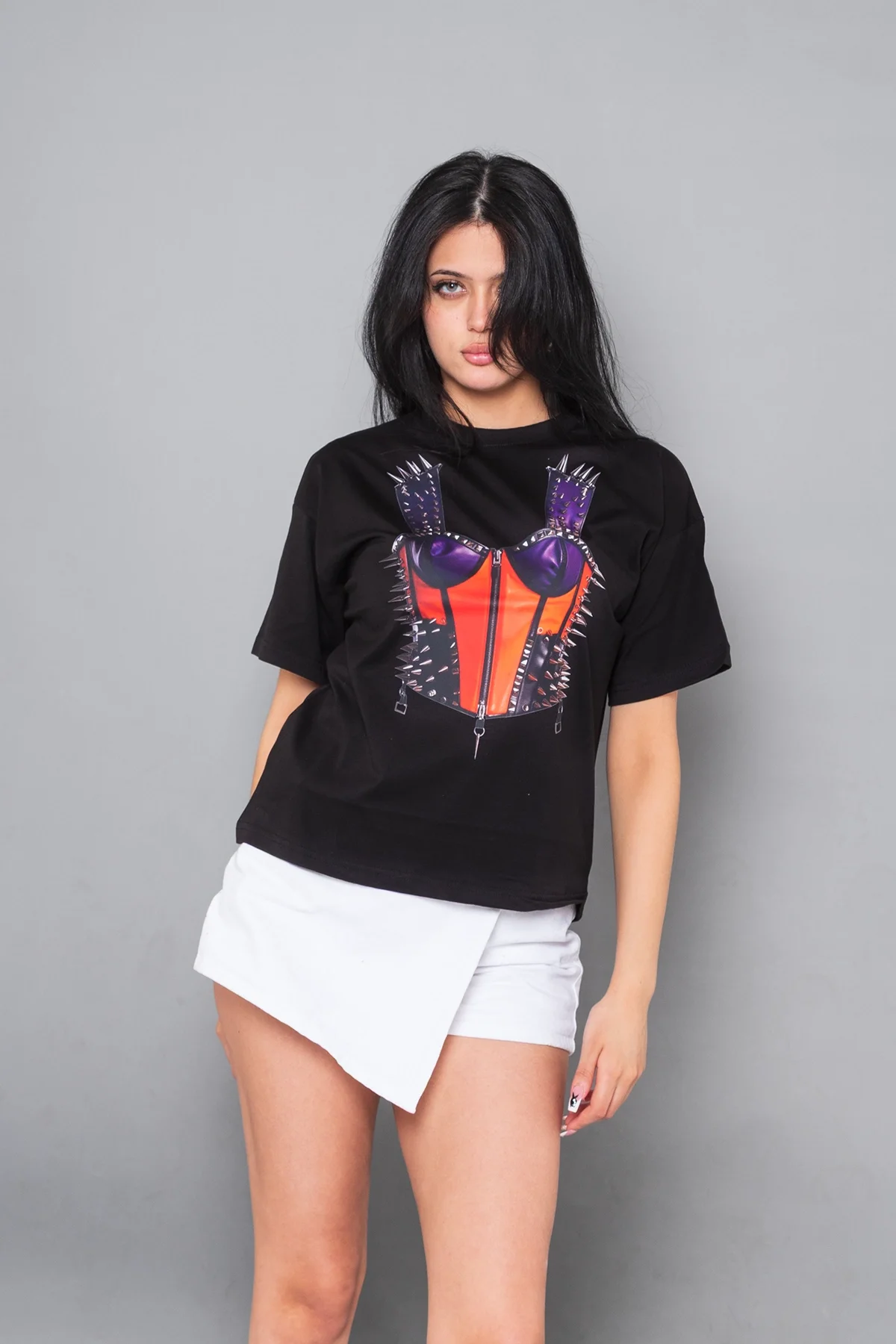 Risk Corset Baskılı Relaxed Fit Siyah Kadın Tshirt