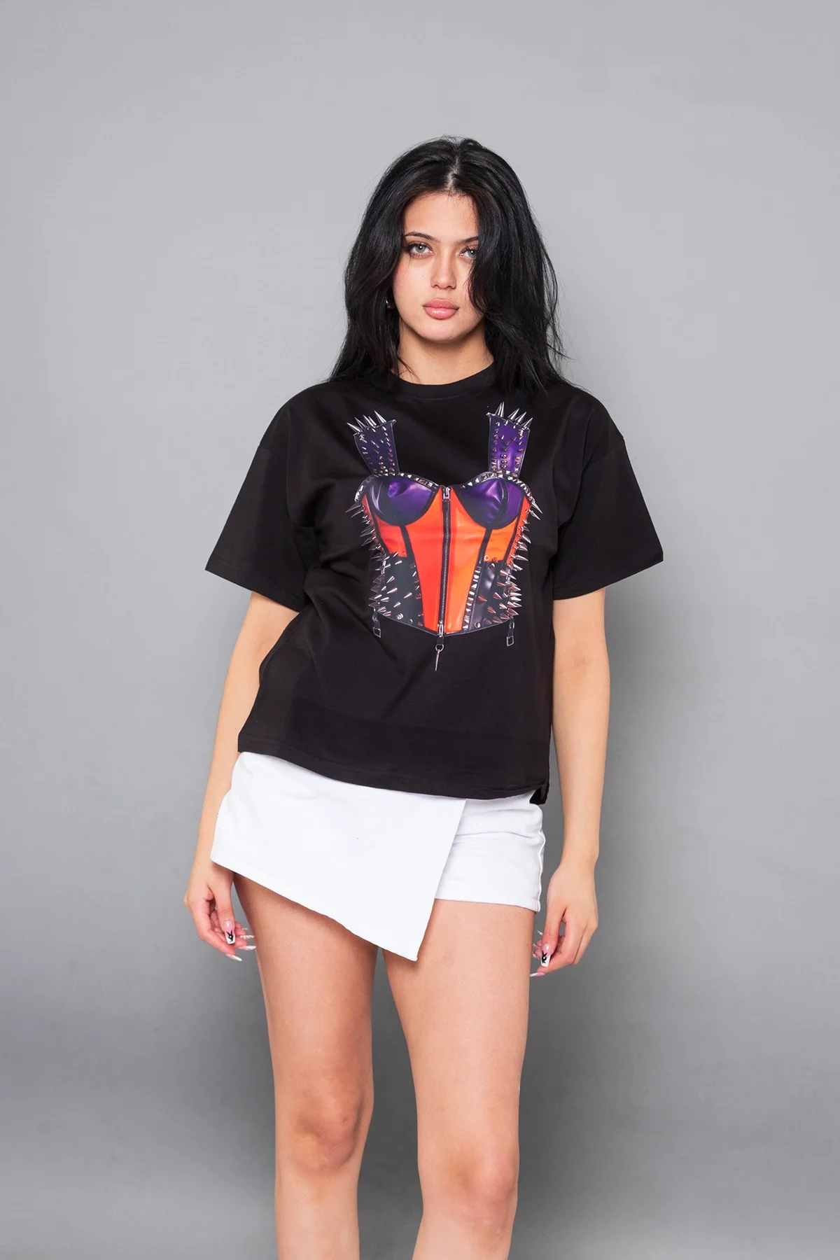 Risk Corset Baskılı Relaxed Fit Siyah Kadın Tshirt