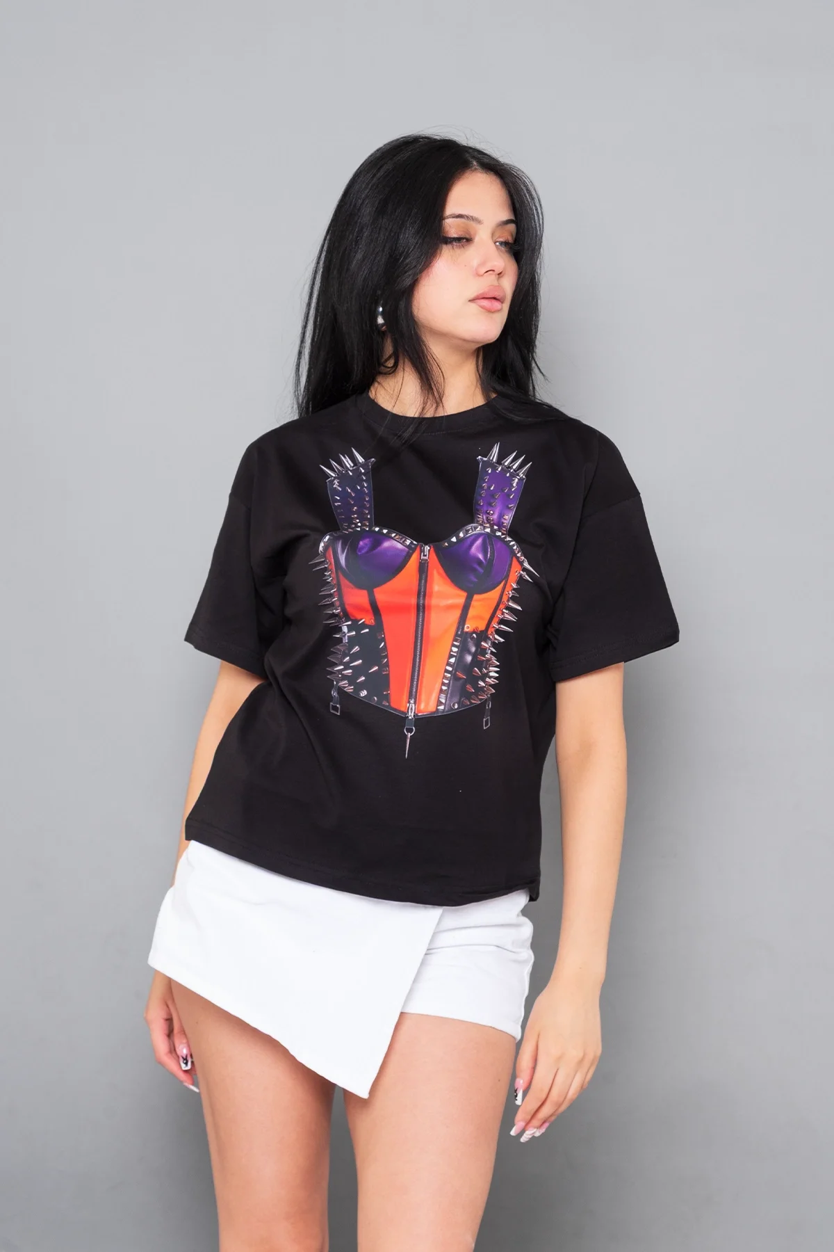 Risk Corset Baskılı Relaxed Fit Siyah Kadın Tshirt