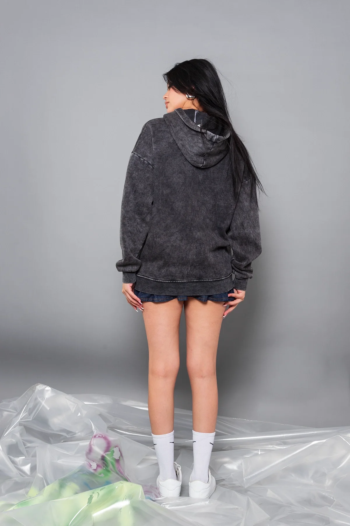 Rockstar Girlfriend Fermuarlı Zip Kapüşonlu Unisex Yıkamalı Siyah Sweatshirt