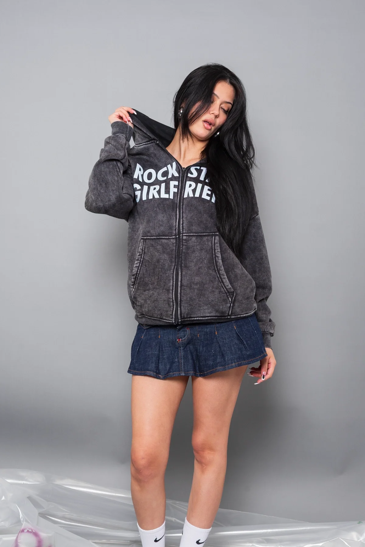 Rockstar Girlfriend Fermuarlı Zip Kapüşonlu Unisex Yıkamalı Siyah Sweatshirt