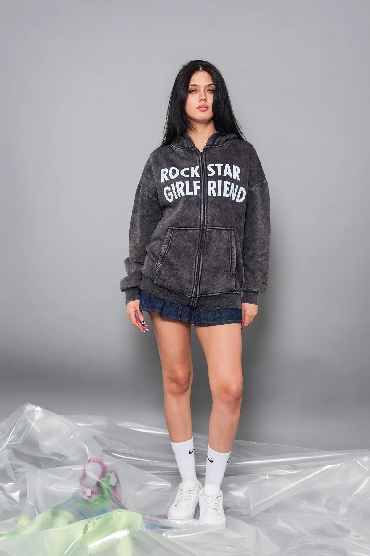 Rockstar Girlfriend Fermuarlı Zip Kapüşonlu Unisex Yıkamalı Siyah Sweatshirt