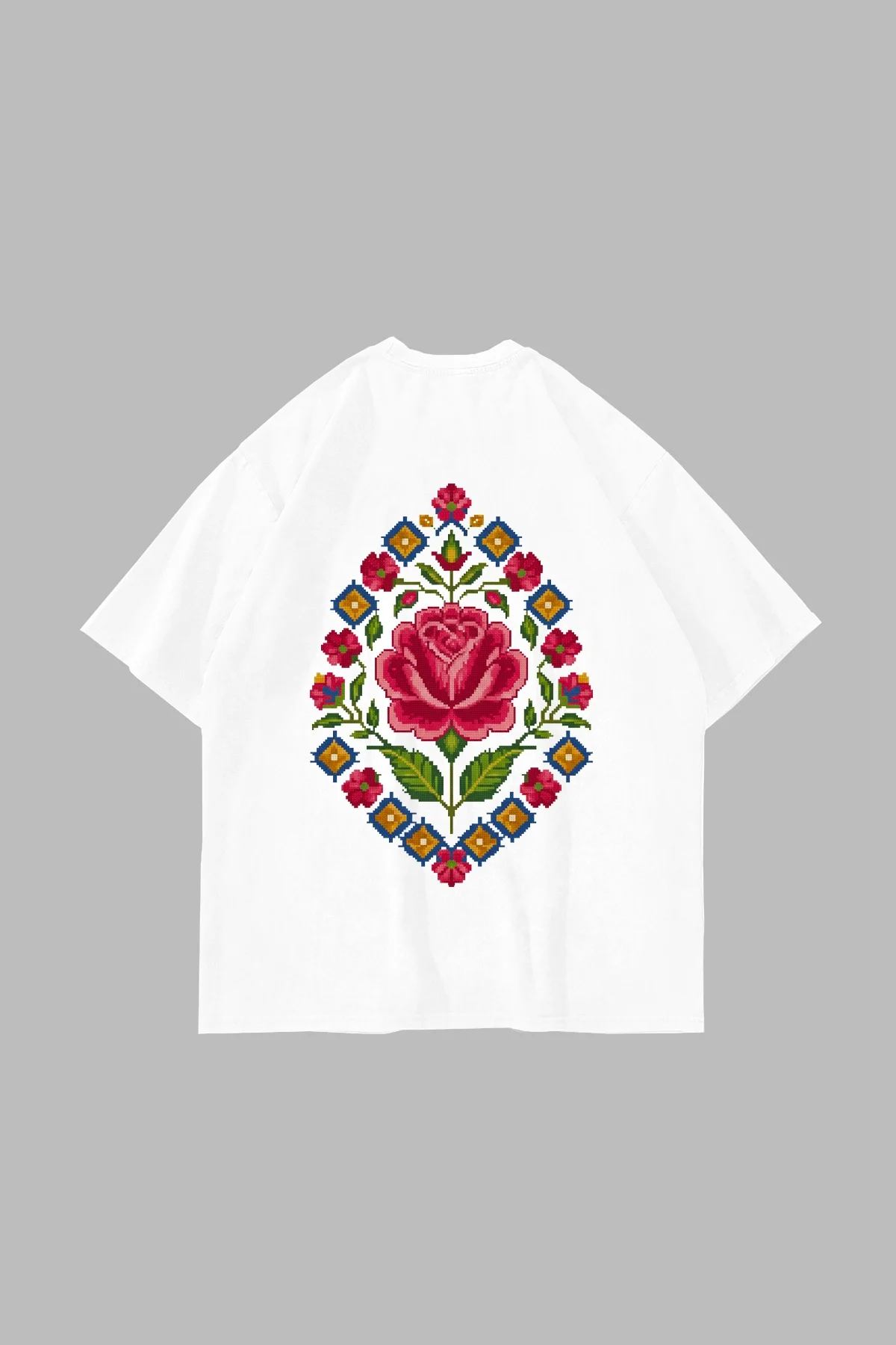 Rose-Face Baskılı Oversize Unisex Beyaz Tshirt