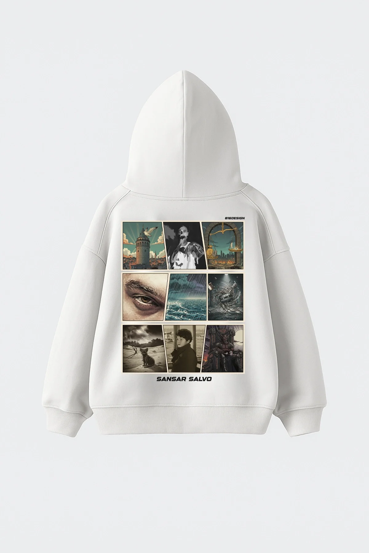 Sansar Salvo Baskılı Oversize Unisex Beyaz Hoodie