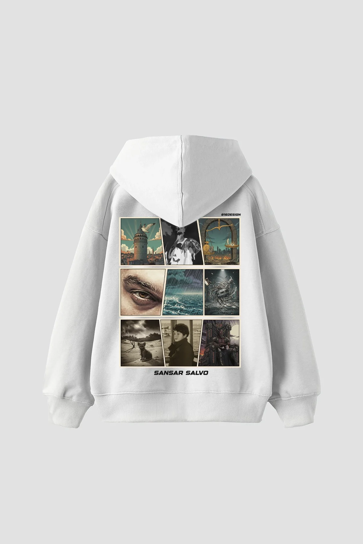 Sansar Salvo Baskılı Oversize Unisex Beyaz Hoodie