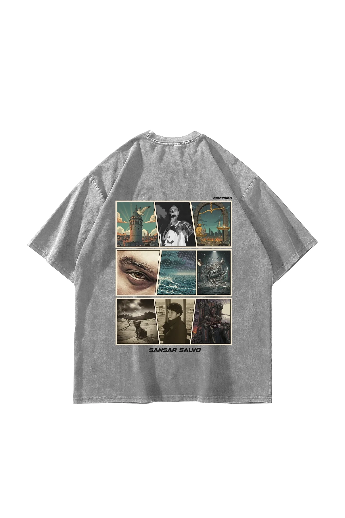 Sansar Salvo Baskılı Oversize Unisex Yıkamalı Beyaz Tshirt
