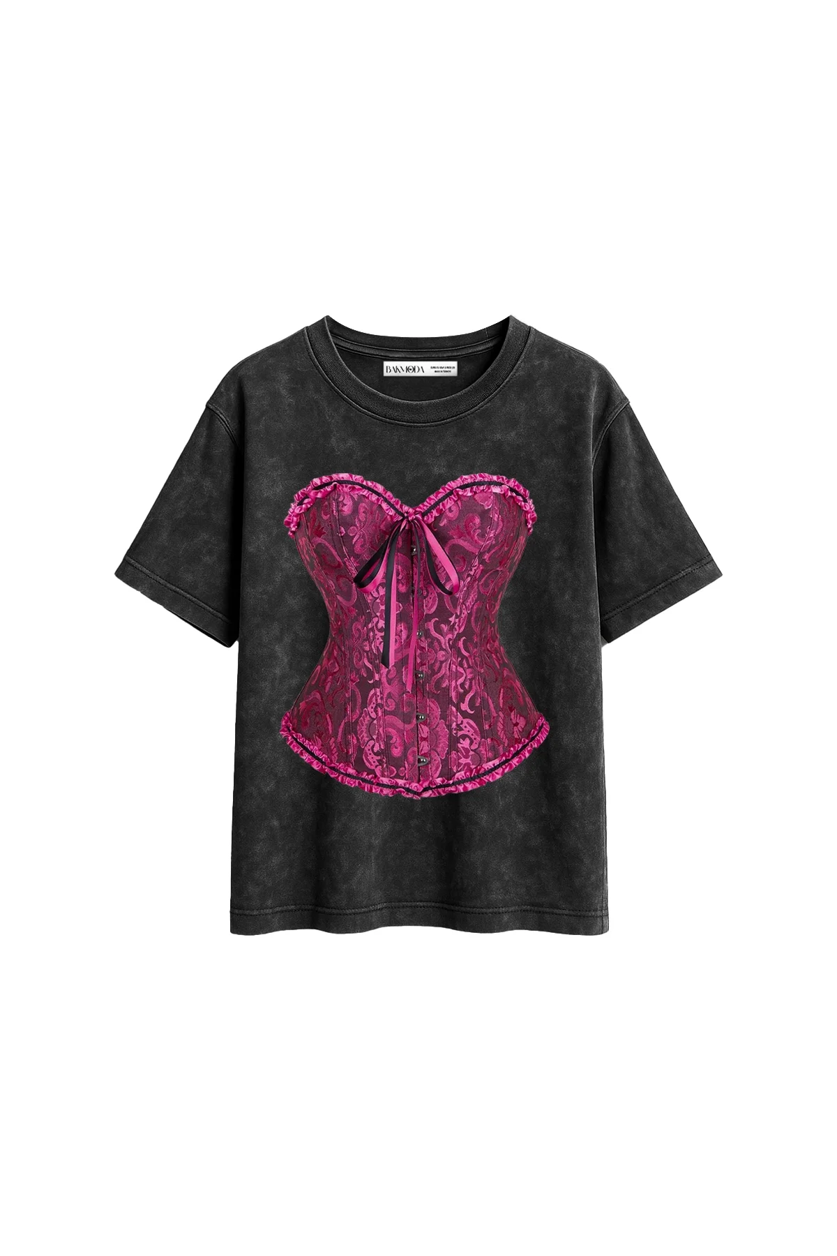 Sassy Corset Baskılı Relaxed Fit Yıkamalı Siyah Kadın Tshirt