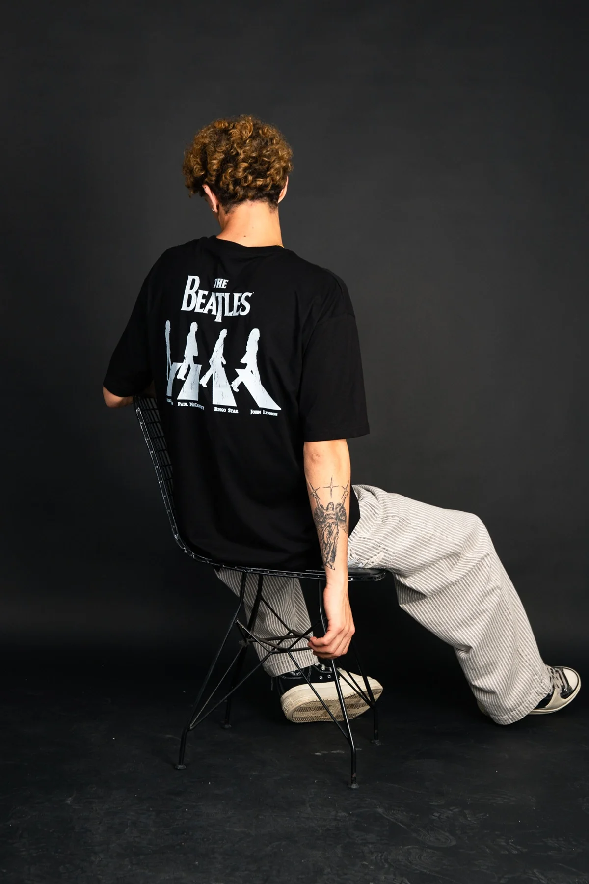 Siyah The Beatles Baskılı Oversize Unisex Pamuk Tişört | Rock Band