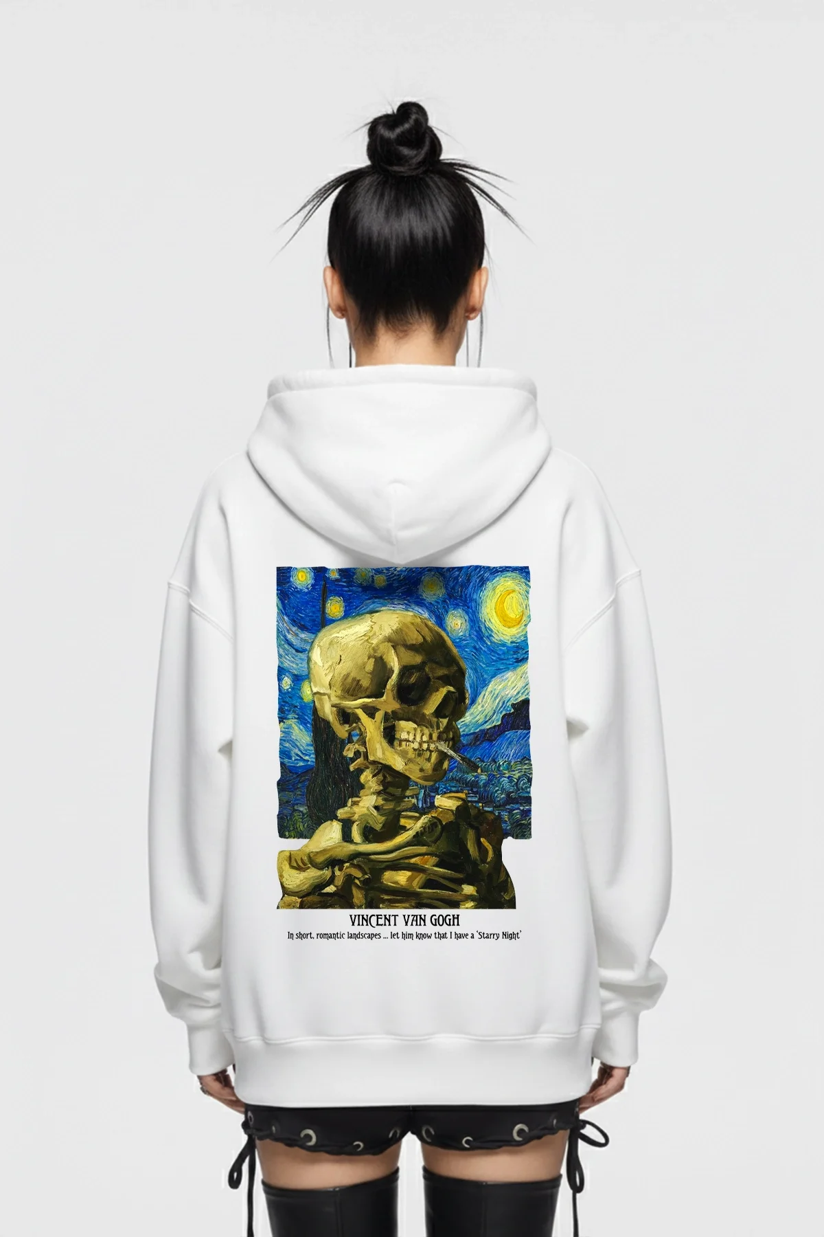 Skull of a Skeleton Baskılı Oversize Unisex Beyaz Hoodie