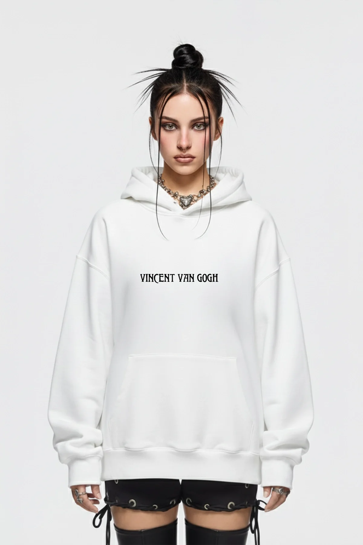 Skull of a Skeleton Baskılı Oversize Unisex Beyaz Hoodie