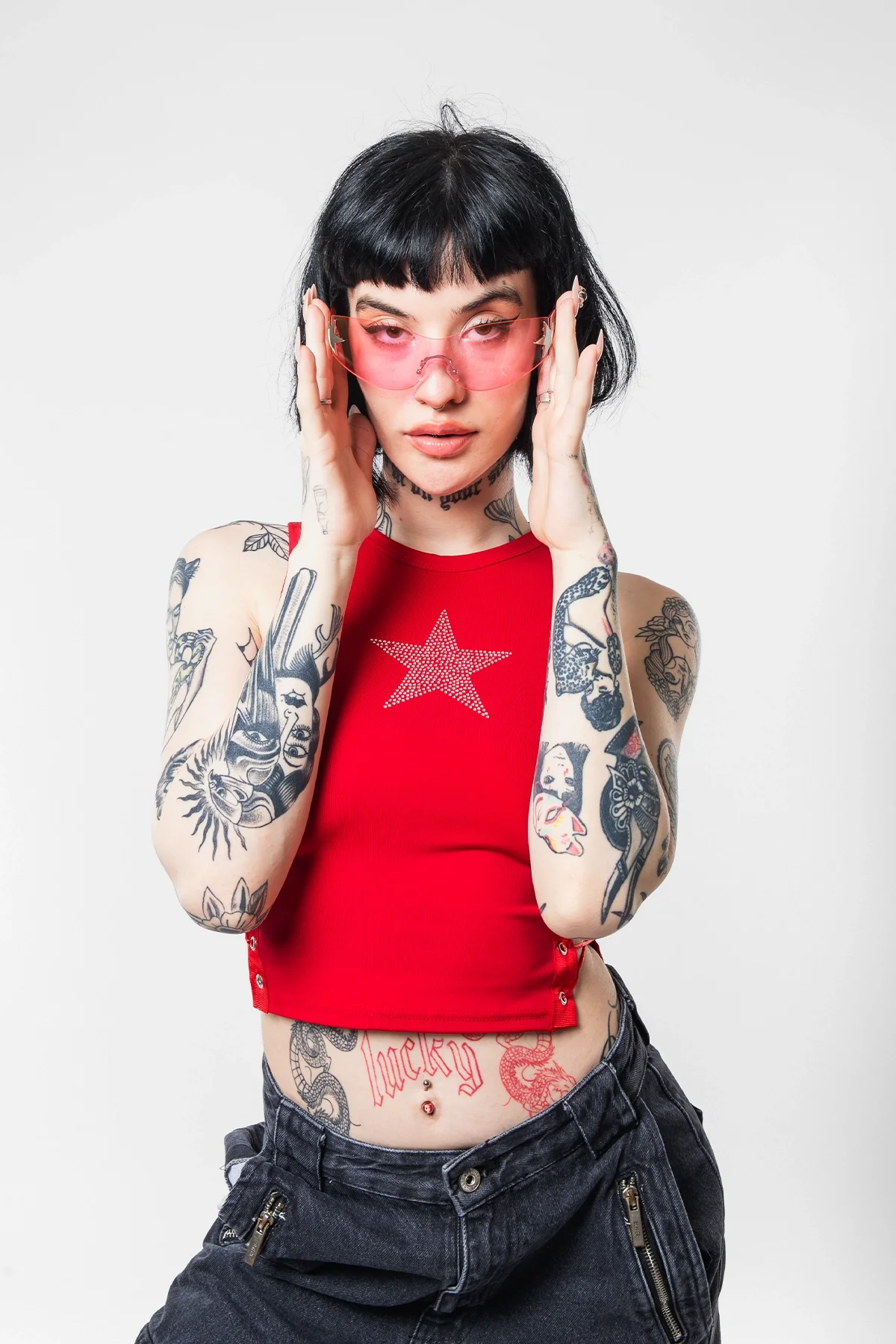 Star Nakış İşlemeli Yandan Bağlamalı Kırmızı Crop Top