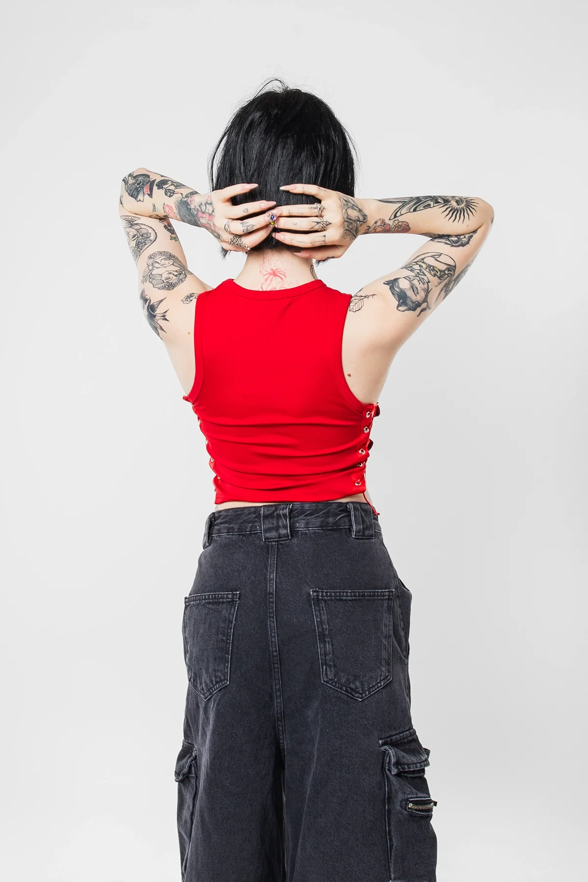 Star Nakış İşlemeli Yandan Bağlamalı Kırmızı Crop Top