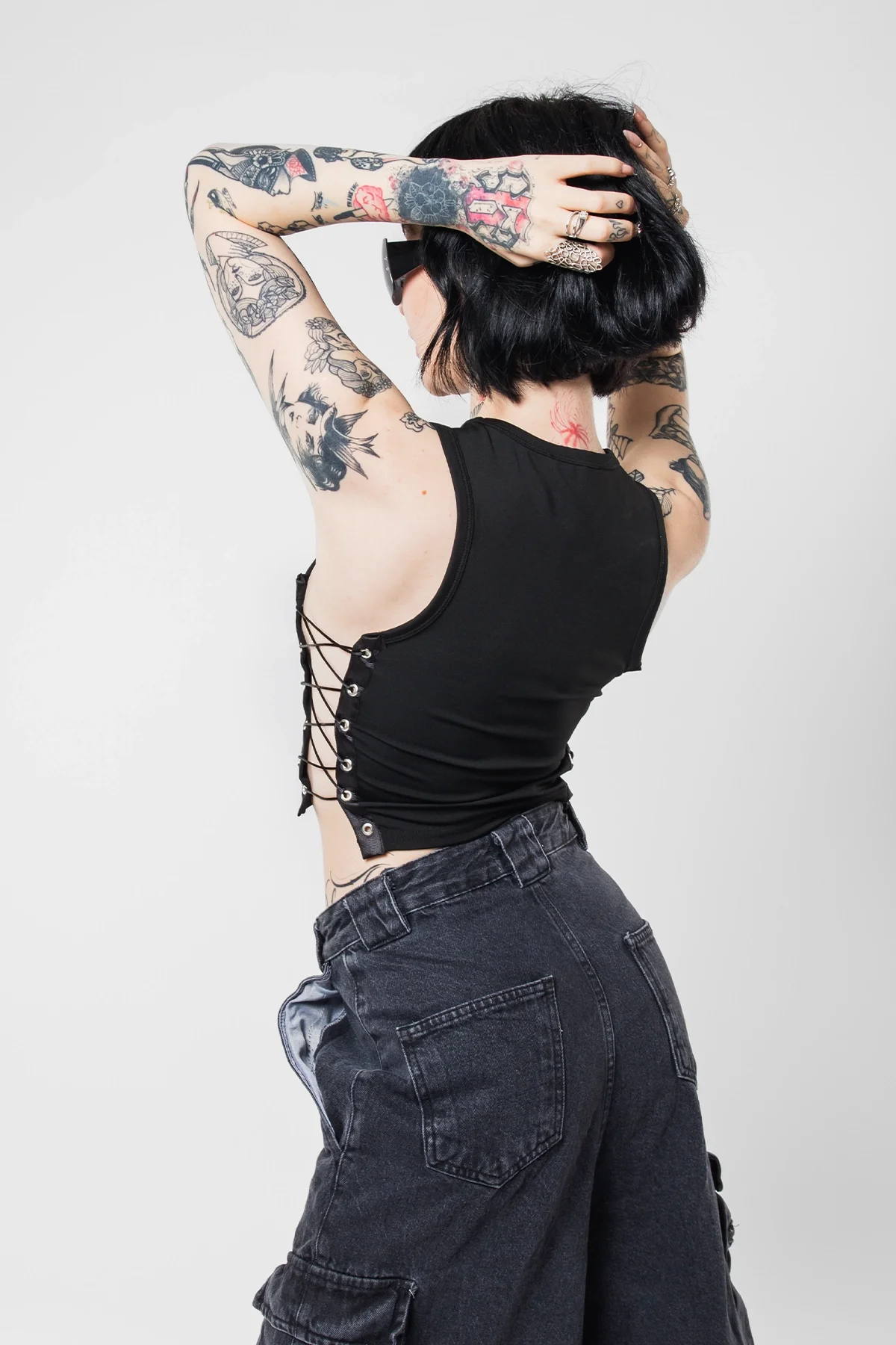 Star Nakış İşlemeli Yandan Bağlamalı Siyah Crop Top