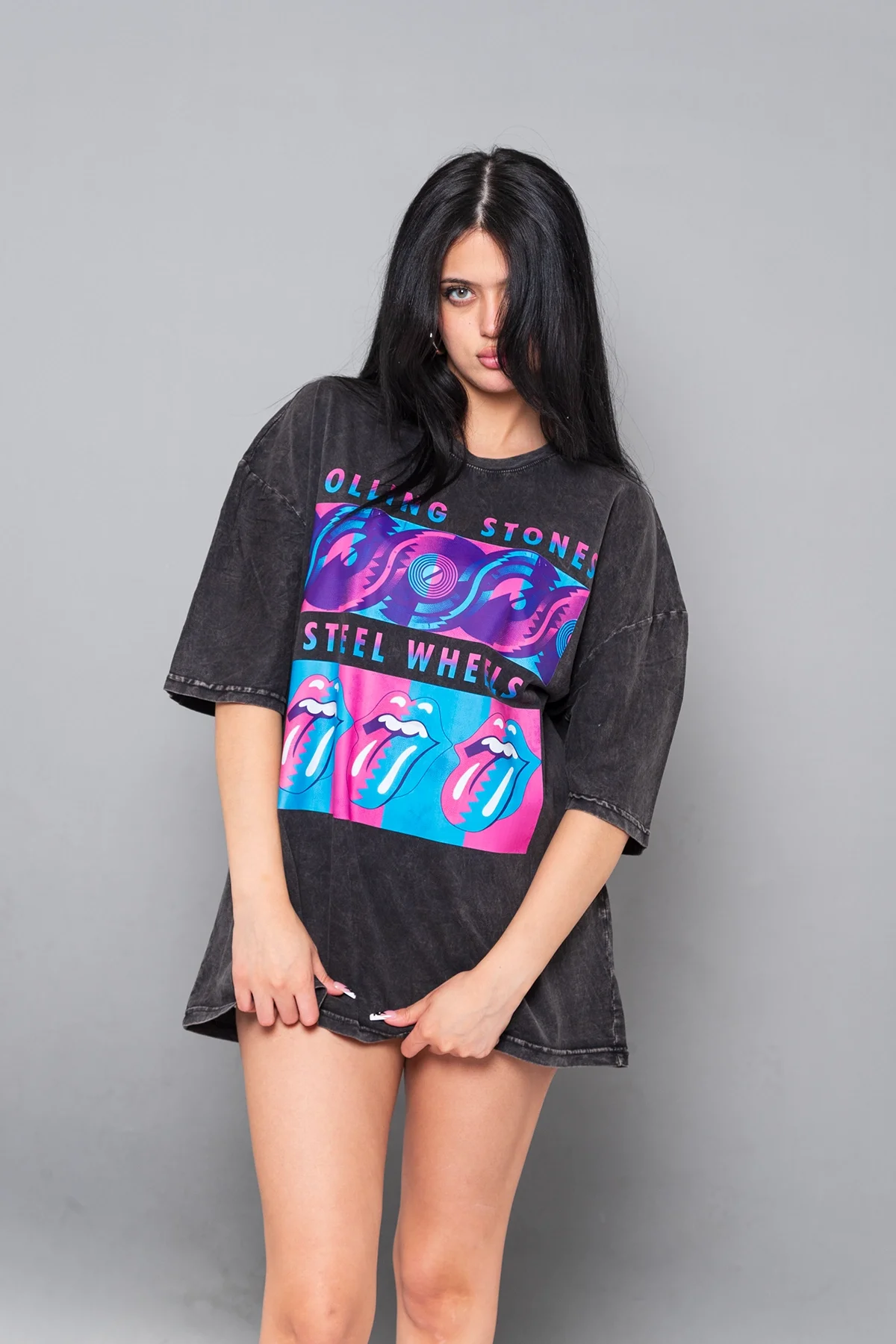 Steel Wheel Baskılı Oversize Unisex Yıkamalı Siyah Tshirt
