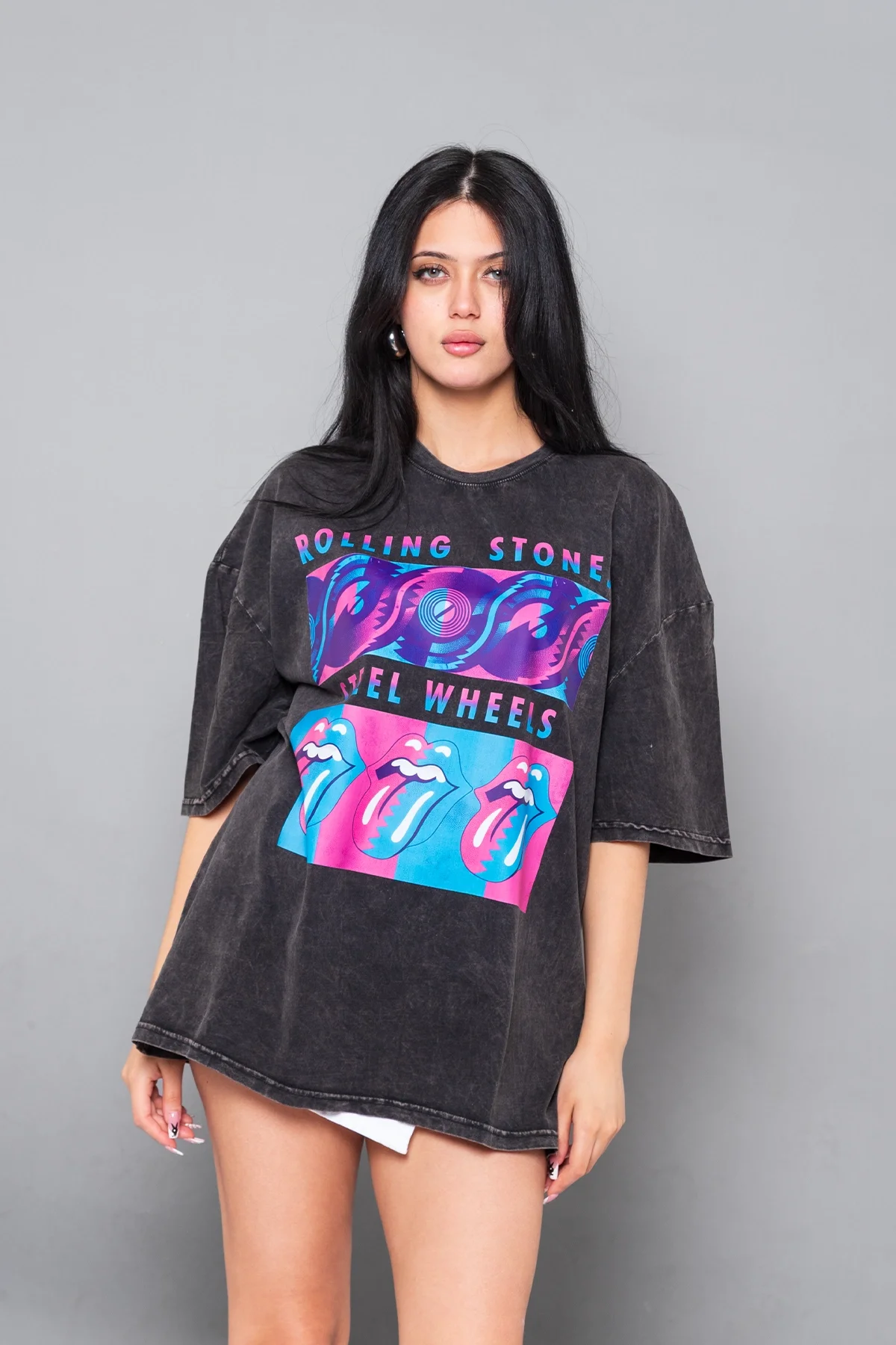 Steel Wheel Baskılı Oversize Unisex Yıkamalı Siyah Tshirt