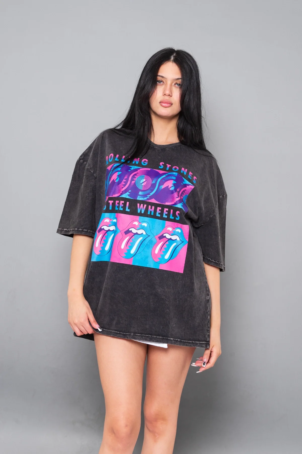 Steel Wheel Baskılı Oversize Unisex Yıkamalı Siyah Tshirt