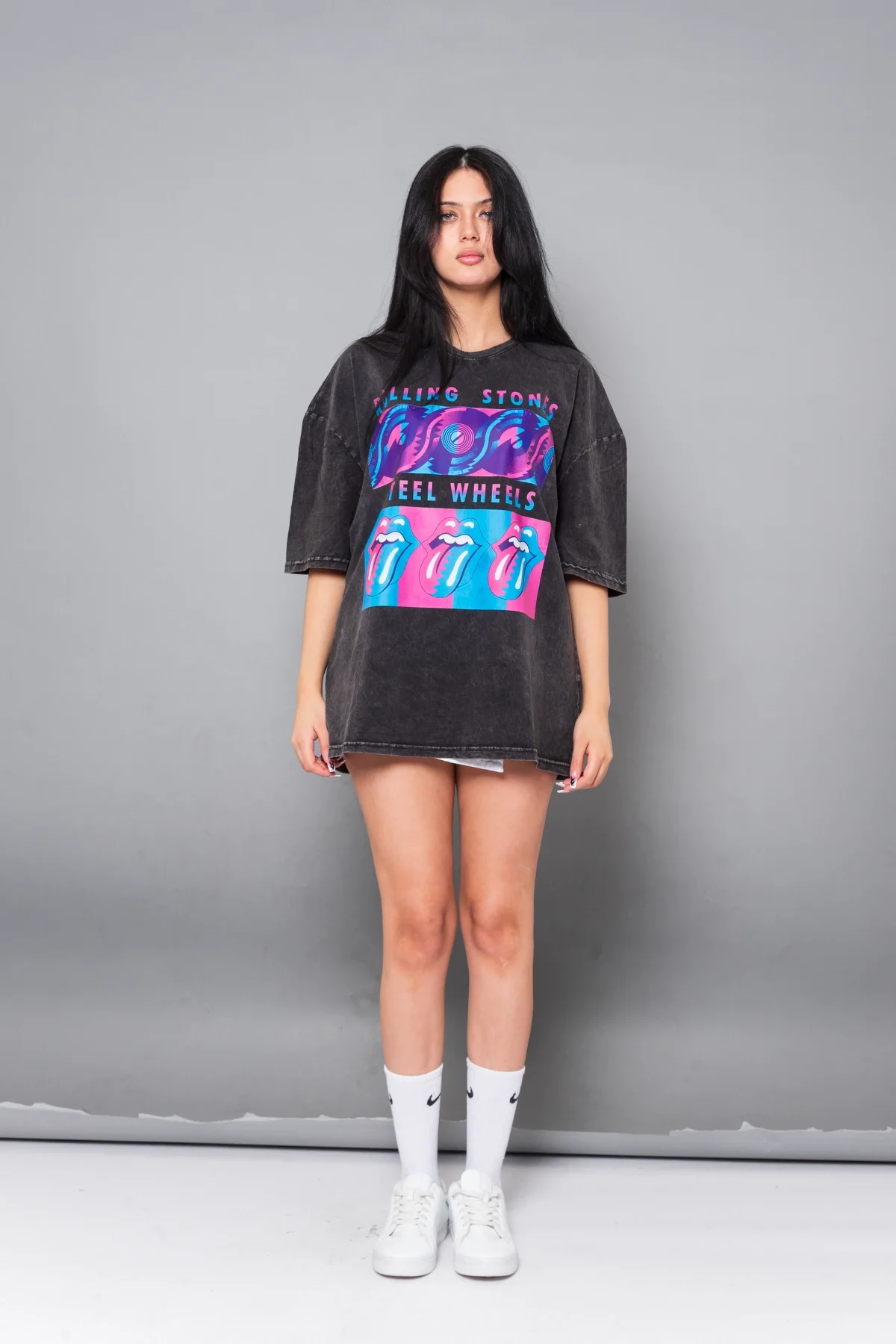 Steel Wheel Baskılı Oversize Unisex Yıkamalı Siyah Tshirt