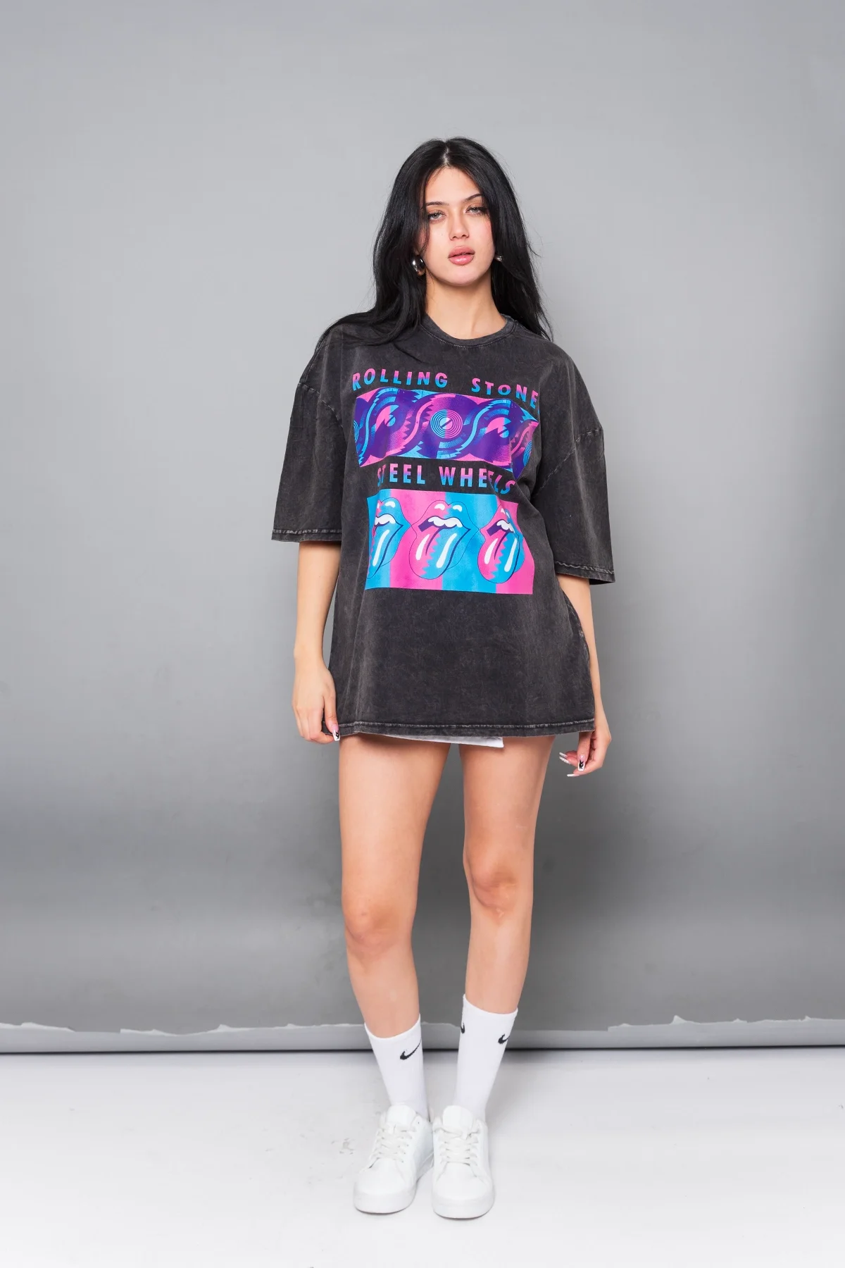 Steel Wheel Baskılı Oversize Unisex Yıkamalı Siyah Tshirt