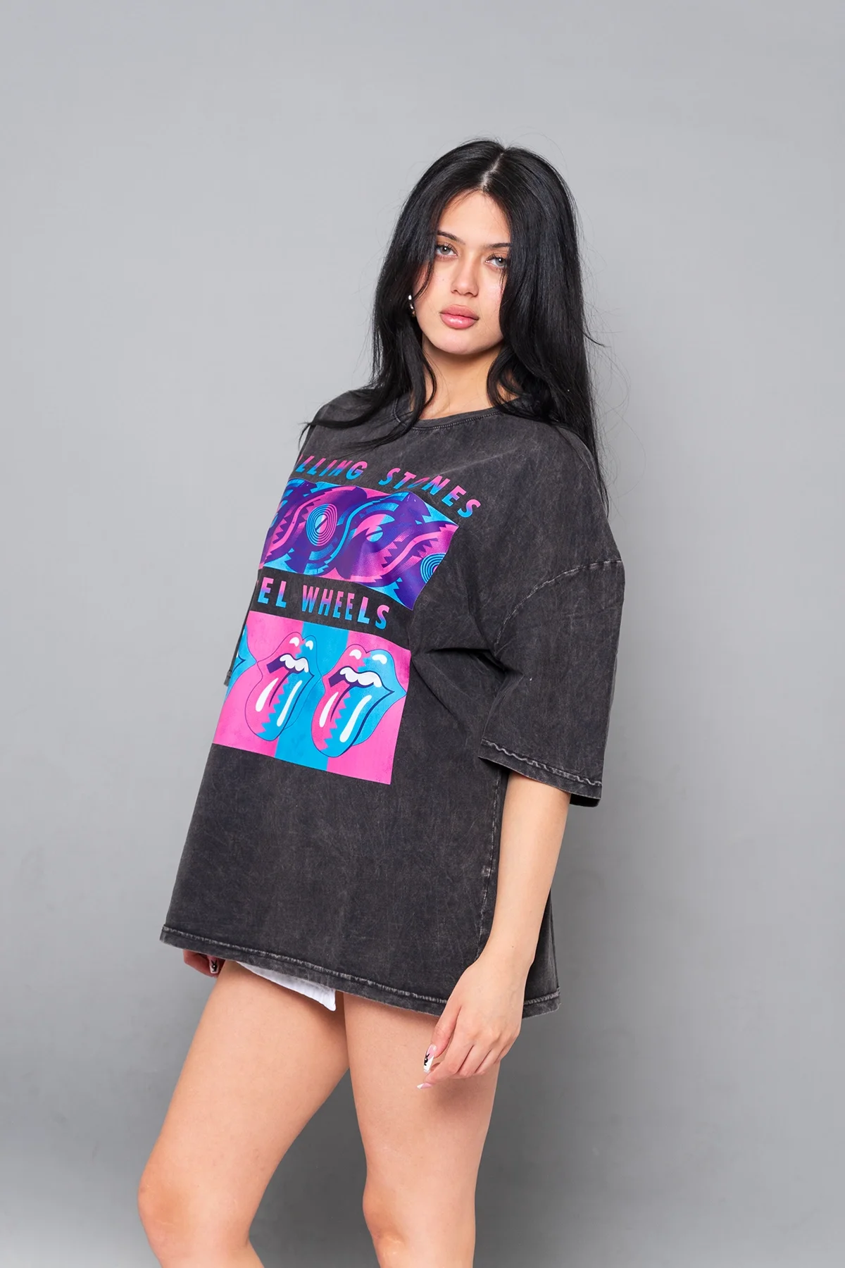 Steel Wheel Baskılı Oversize Unisex Yıkamalı Siyah Tshirt