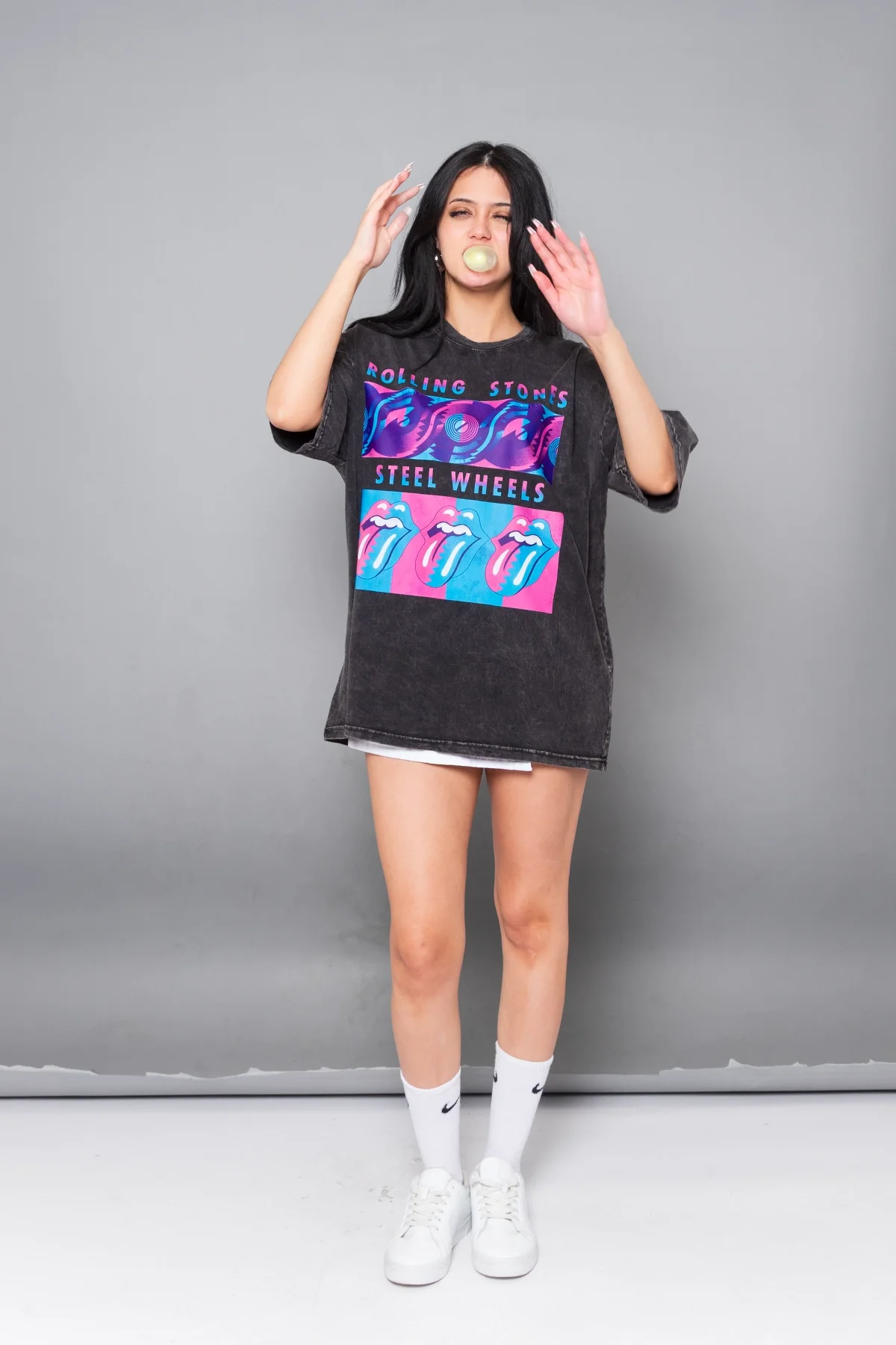 Steel Wheel Baskılı Oversize Unisex Yıkamalı Siyah Tshirt